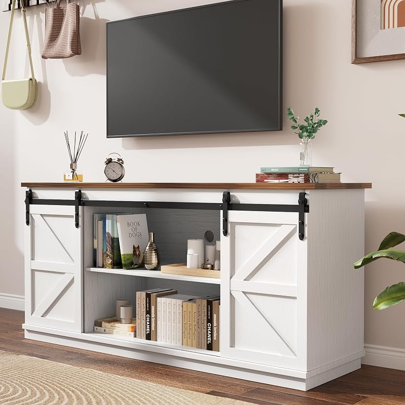 YESHOMY 58" Farmhouse TV Stand for TVs up to 65", Sliding Barn Doors, White image 2
