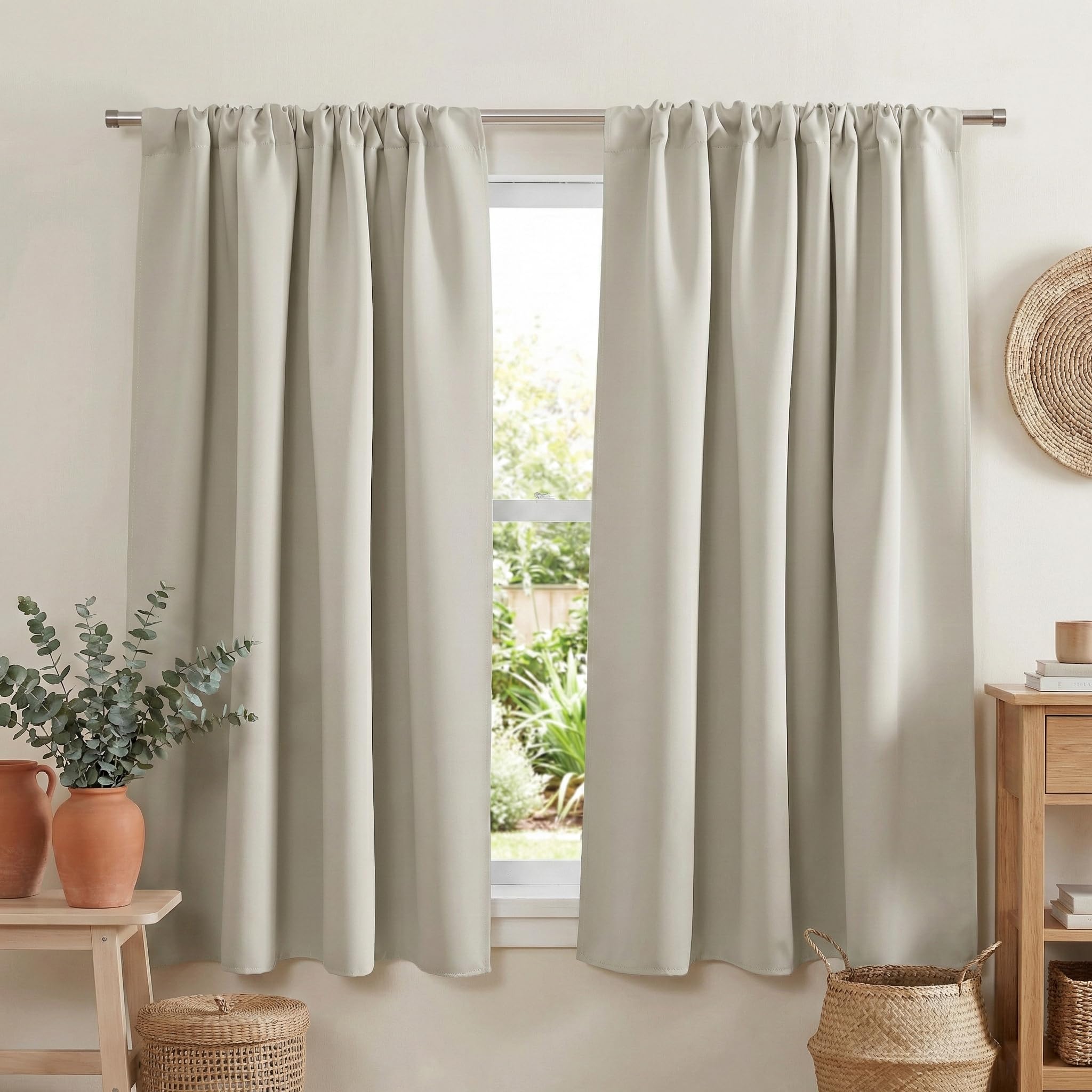 PONY DANCE Natural Curtains & Drapes - Rod Pocket Top Thermal Insulated Noise Reducing Short Curtain Room Darkening Panels for Kitchen Bedroom, 42 Wide x 45 Inches Long,Natural, 2 PCs