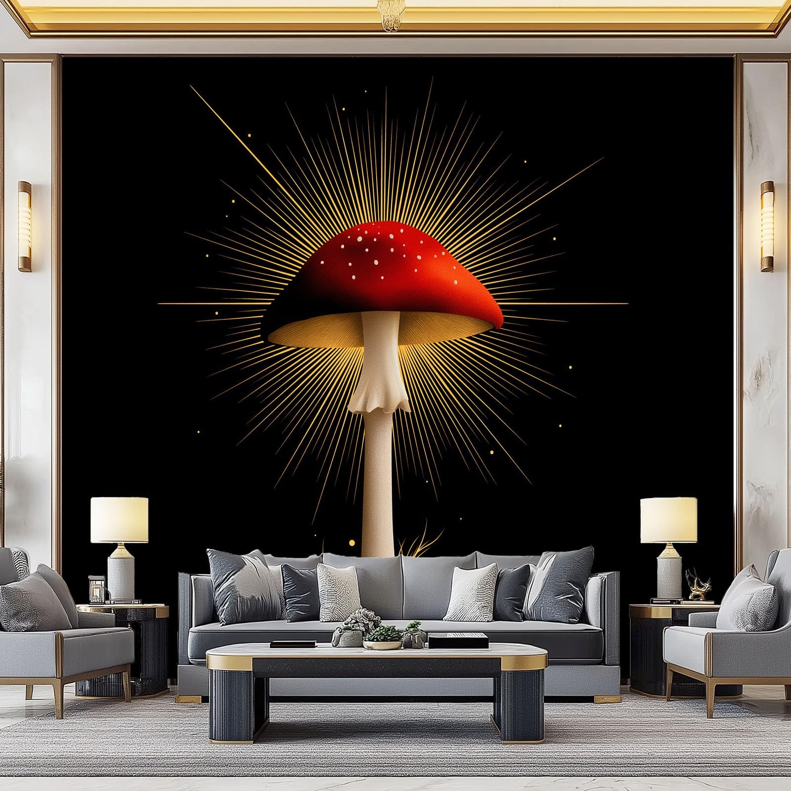 Generico Tapeta z efektem 3D elegancka czerwona roślina grzybowa, czarna dekoracyjna tapeta panoramiczna - do salonu przedpokoju biura 350 x 256 cm (szer. x wys.)