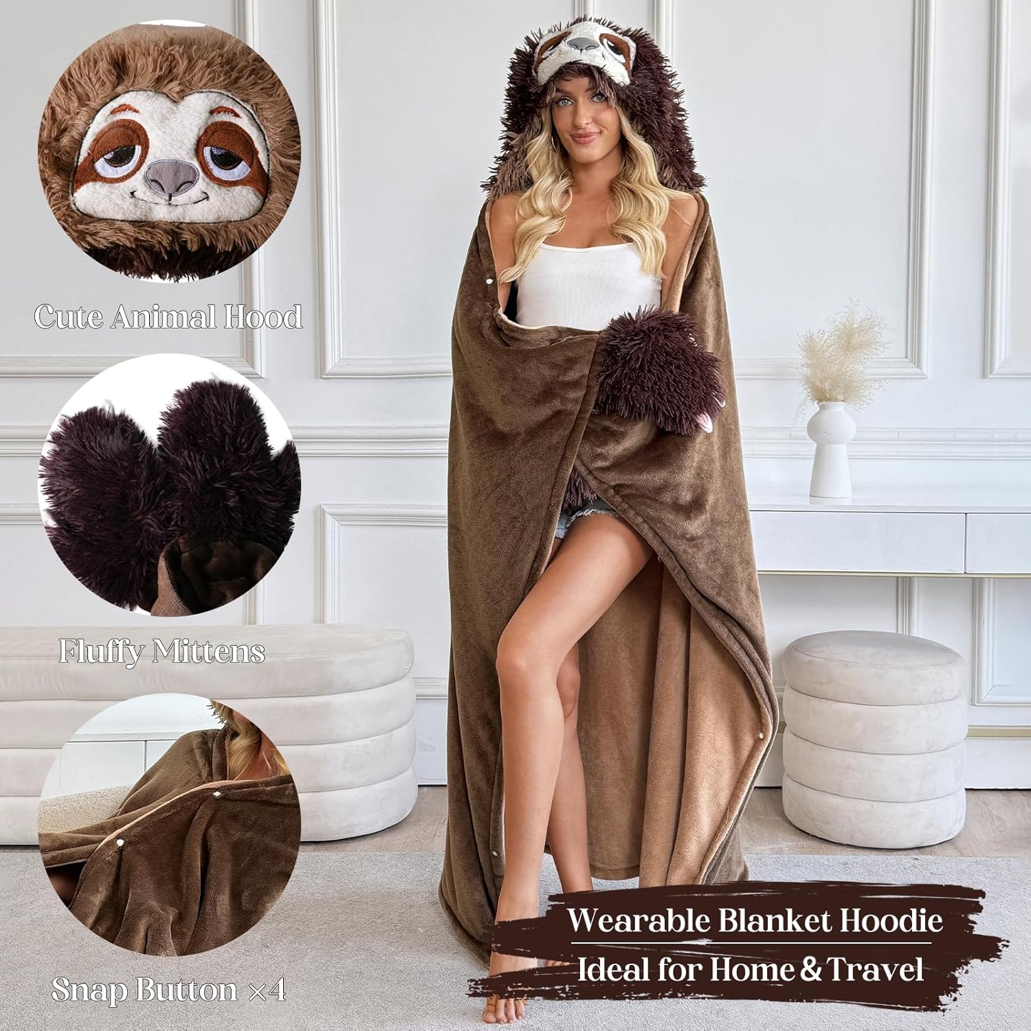 Double-Sided Animal Wearable Blanket Hoodie-Thick Soft Cozy Flannel Hooded Blanket Adult Teen-Valentines Blanket Gift - Image 4