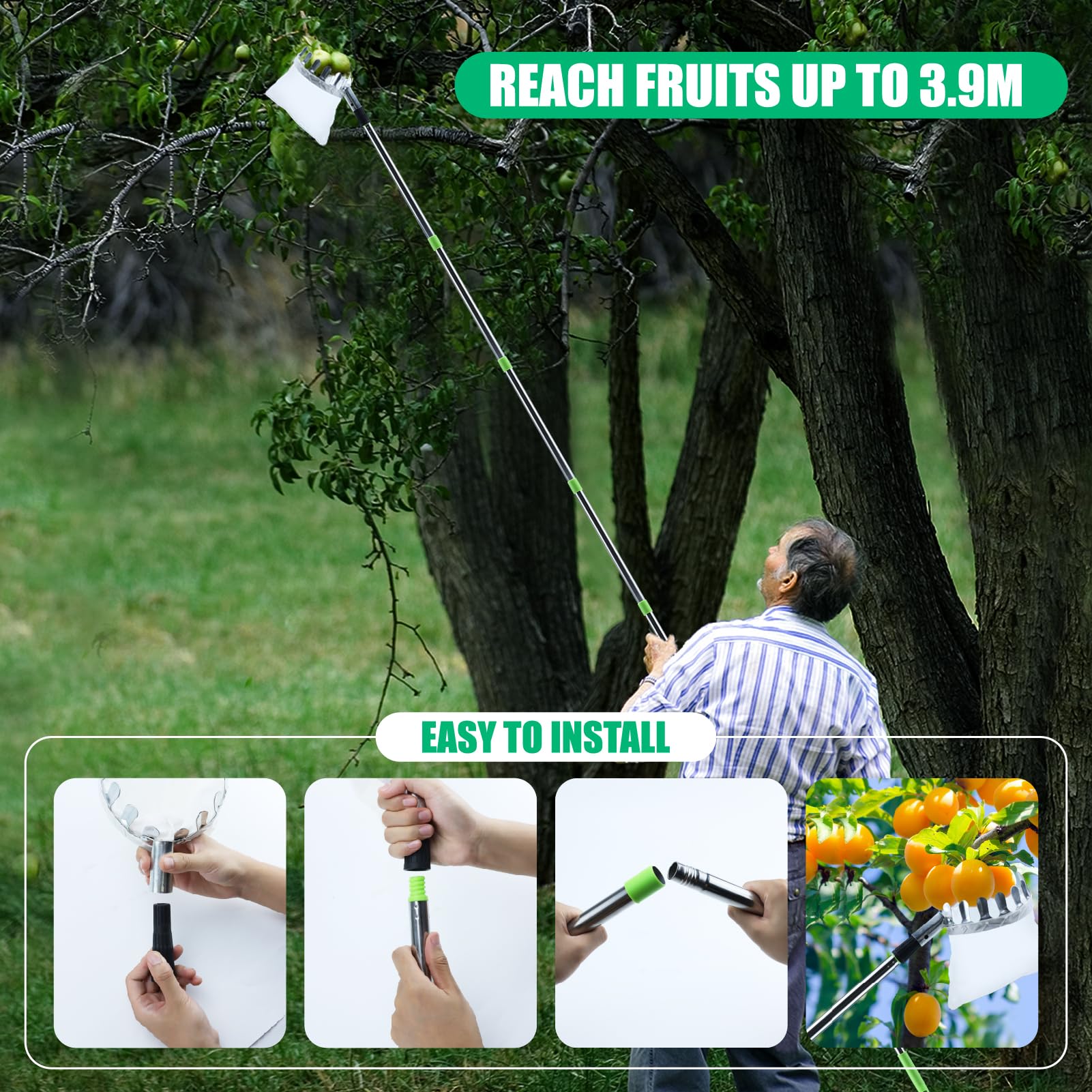 Recogedor Frutas Telescopico, 3.9M Recogedor de Frutas con Varillas de Extensión, Recoge Frutas de árboles con Bolsa de Algodón, Frutas Herramientas Recolectoras para Manzanas, Naranjas, Peras