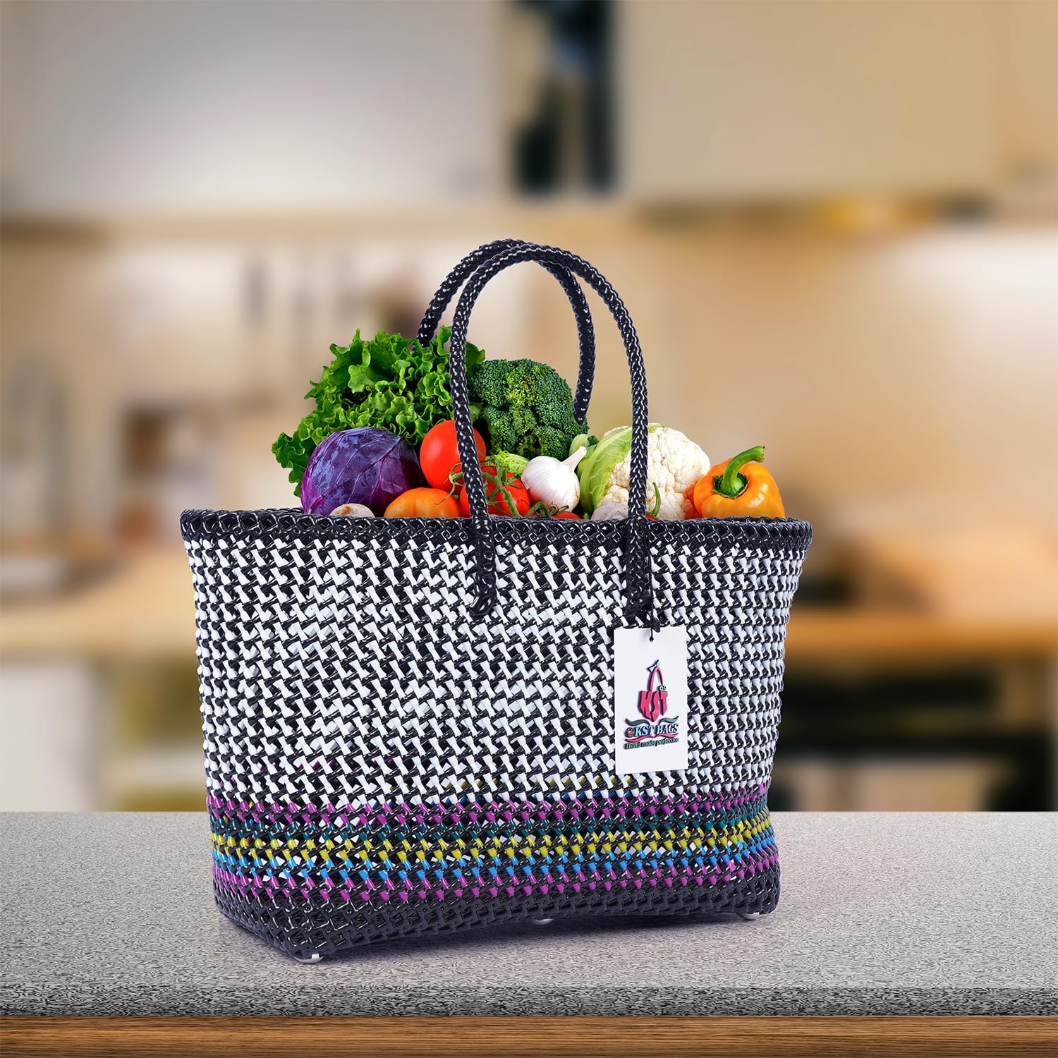 Unisex-Adult Kst Bags Large Size Shopping Koodai/Bag - Handmade Black And White (Wire Koodai - Multicolor Border Grocery Basket) - Picnic Shopping Tote Bag/Return Gift (30 X 13 X 25 Cm) - Rectangular