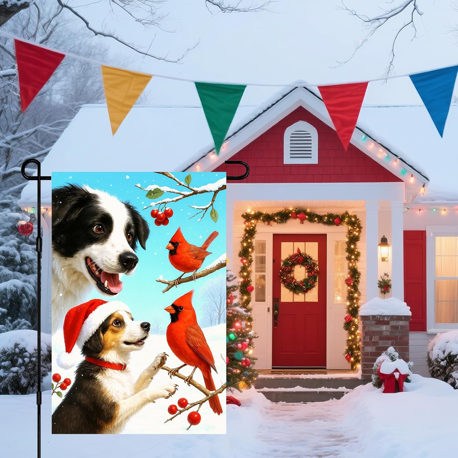 IVN Christmas Garden Flag 12x18 Inch Double Sided Border Collie Dog with Santa Hat and Red Birds Outdoor Yard Flag for Outside Home Front Door Lawn Porch Patio Welcome Decor - Image 7