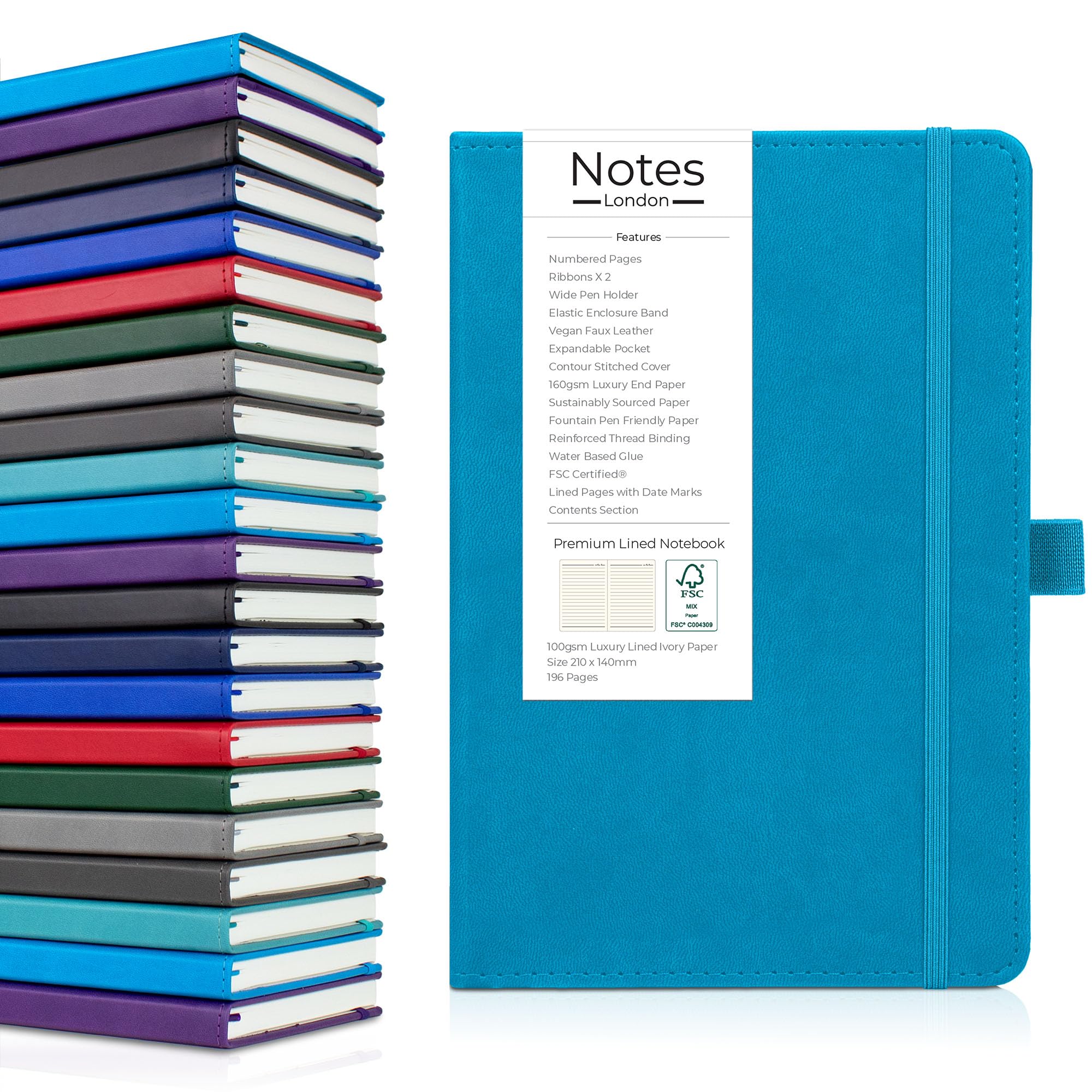 Notes London Luxury Italian style A5 Notebook with Stitched Hardcover, 100gsm Lined Numbered & Date Marked Pages, 2x Ribbons