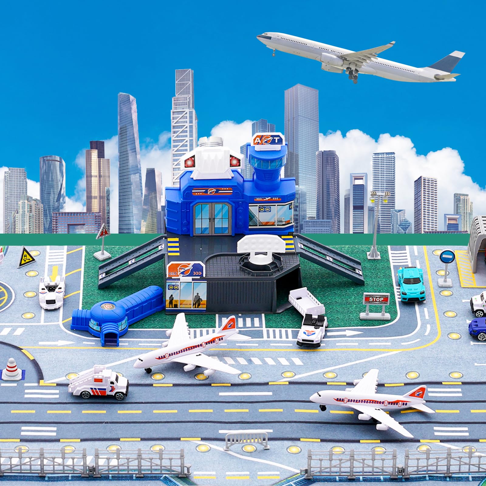 Set di Giocattoli Aerei per Bambini con Terminal, la Torre Radar e 9 Veicoli: Carrelli per Bagagli, Auto Polizia, Aereo Passeggeri, Barriera Stradale e Personale a Terra Ragazzo Ragazze Regalo 3+