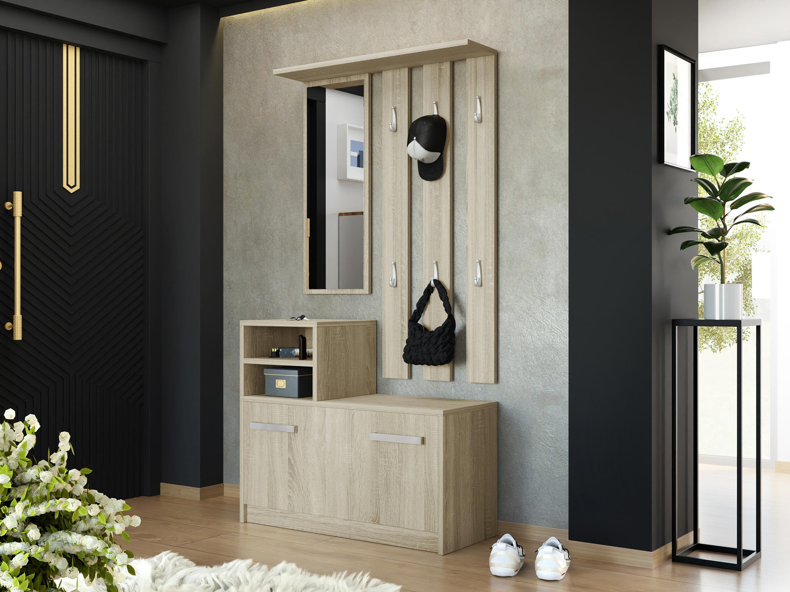 Mirjan24 Garderoben-Set Biel mit 6 Kleiderhaken, Spiegel, Schuhschrank, Farbauswahl, Wandgarderobe (Sonoma Eiche)