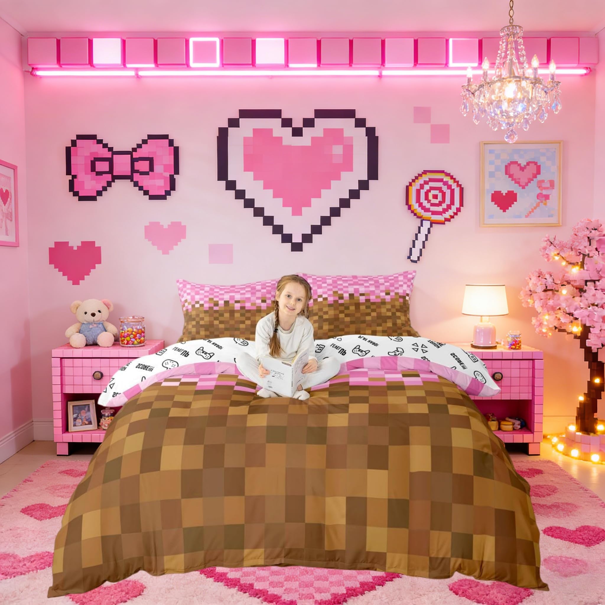 Manfei Pixelated Grid Bedding Set Super King Size,Miners Building Duvet Cover Set for Adults Women Bedroom Decor,Cartoon Gamepad Bedding Collection,Brown Pink 3 Pcs Quilt Cover,No Comforter โ image 1