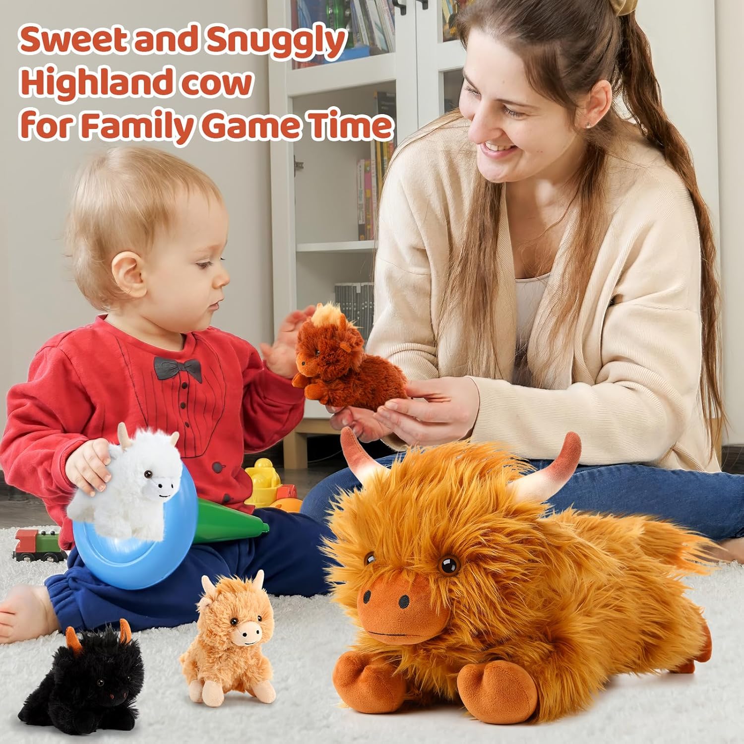 HyDren 5 Pcs Highland Cows Stuffed Animal Toy 13.78 Inch Mommy Highland Cow Plush with 4 Little Babies Soft Plush Toy Set for Kids Boys and Girls Birthday Party Favors(Lying Style) - Image 6