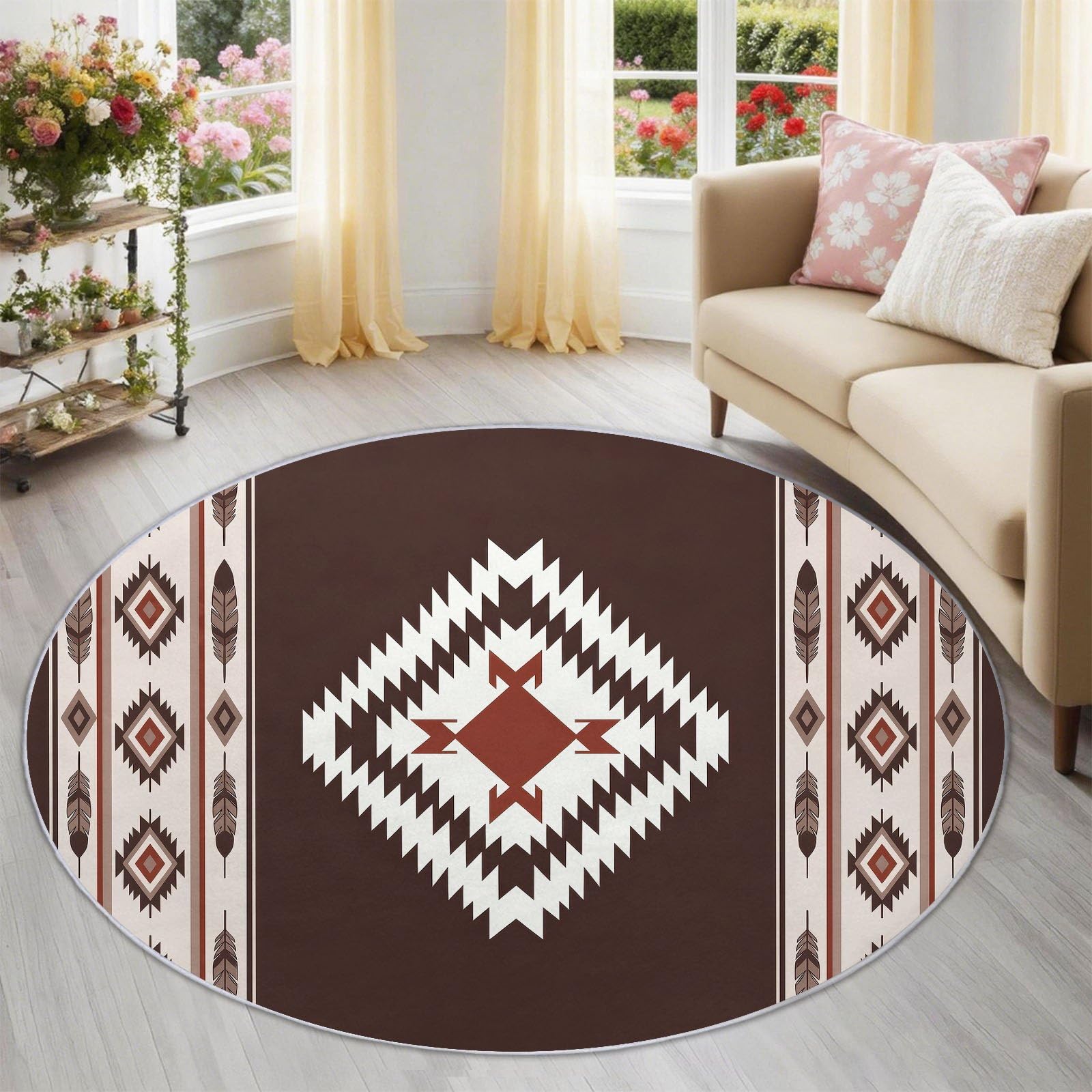 Tappeto rotondo in stile bohémien, lavabile, per soggiorno, 120 cm, a pelo corto, per tavolino da caffè, motivo geometrico, motivo geometrico, antiscivolo, per camera da letto e cameretta dei bambini