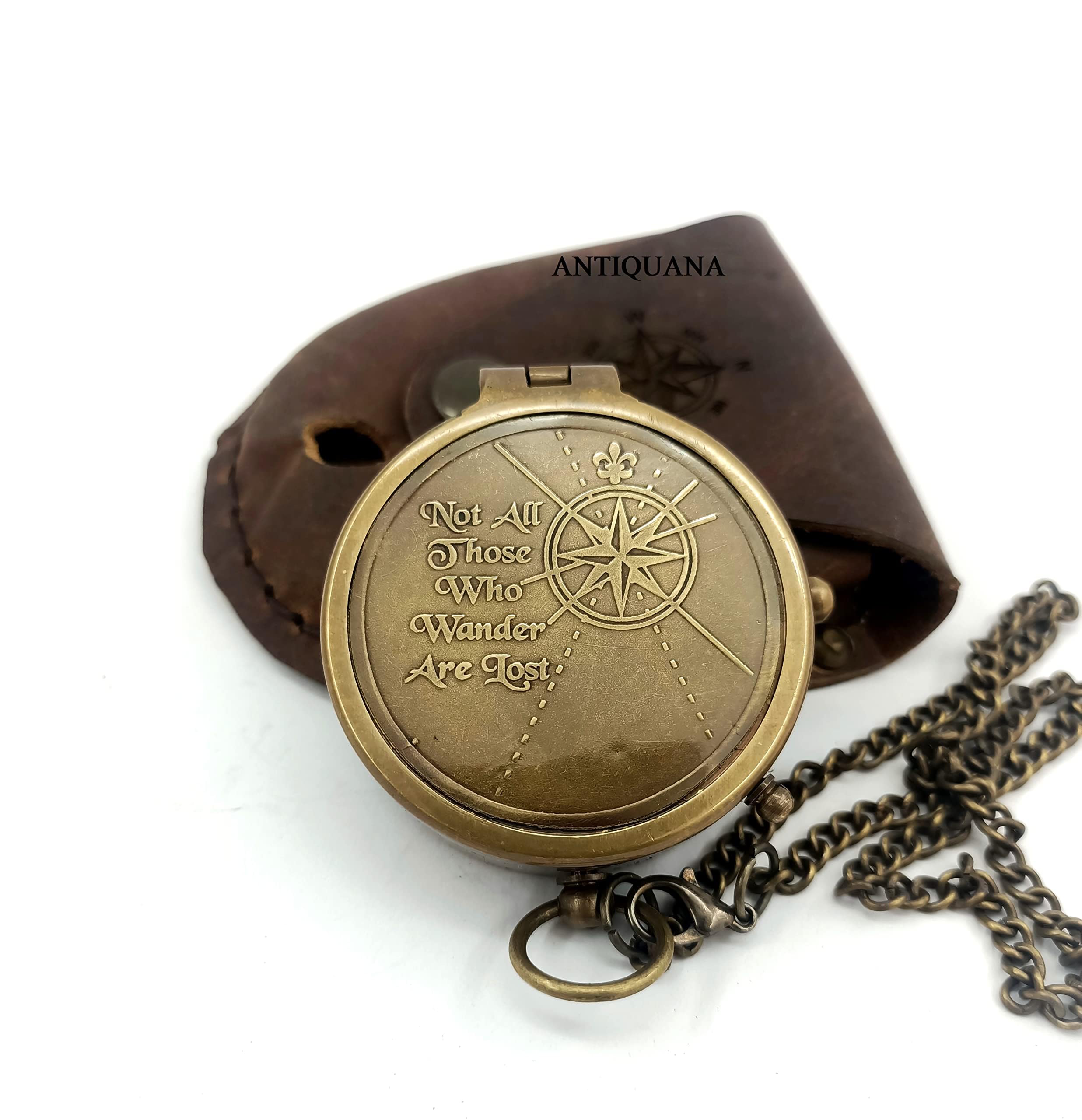 Brass Compass Unique Print 'Not All Those Who Wander are Lost' Engraved Compass with Leather Case and Chain A Great Gift Item for Your Loved Ones, Brown