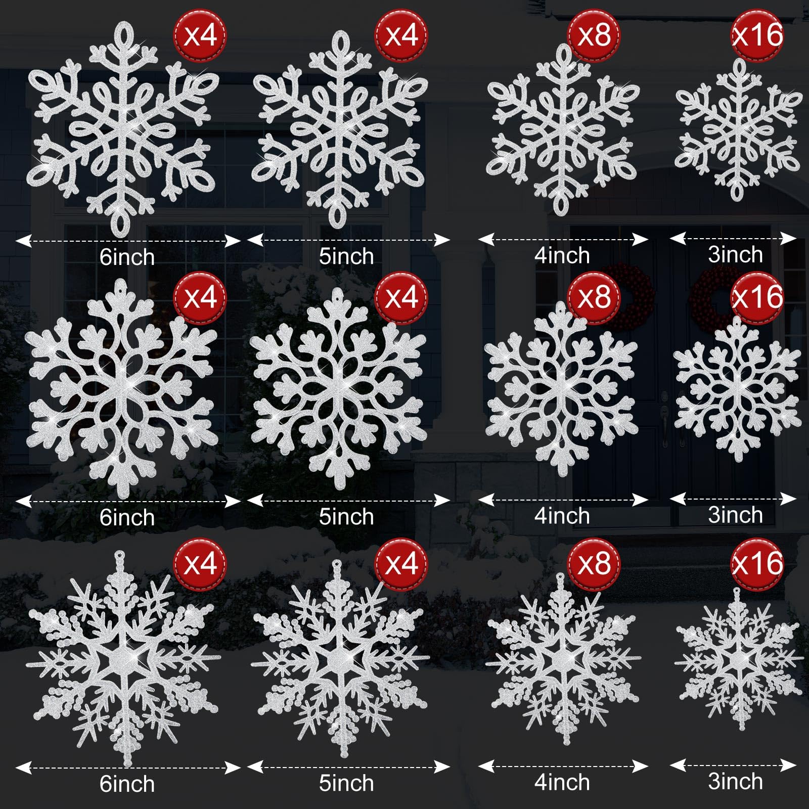 Hungdao 96 Stück Weihnachts-Glitzer-Schneeflocken-Ornamente aus Kunststoff, Weihnachtsbaumschmuck, hängende Schneeflocken mit Seil in 3 Designs für Weihnachten, Urlaub, Neujahr, Winterparty (weiß)
