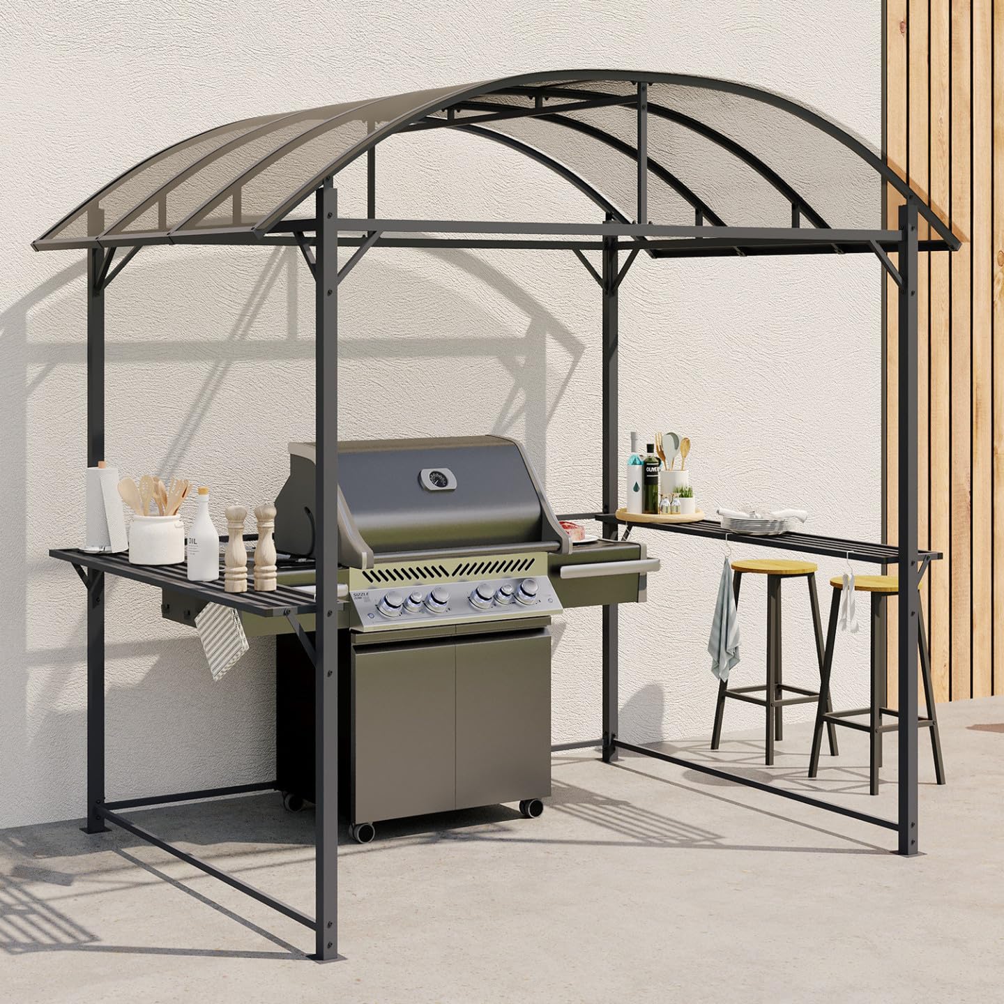 IDMarket - Abri pour Barbecue 240 x 150 x 220 cm avec étagères, en métal Gris et Toit en Polycarbonate