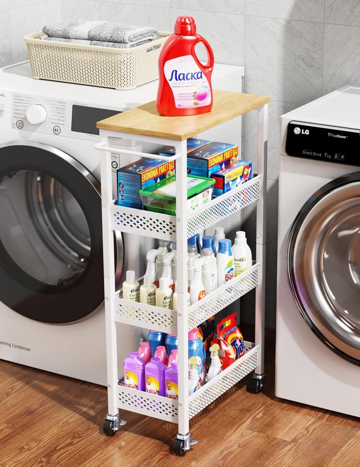 Slim 4 tier utility storage cart with wheels for small spaces