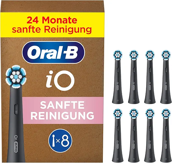 Oral-B iO Sanfte Reinigung — ORIGINAL Aufsteckbürsten für Elektrische Oral-B iO Zahnbürsten — Bürstenköpfe, Zahnbürstenaufsatz, Ersatzbürsten für empfindliches Zahnfleisch — Schwarz, 8 Stück