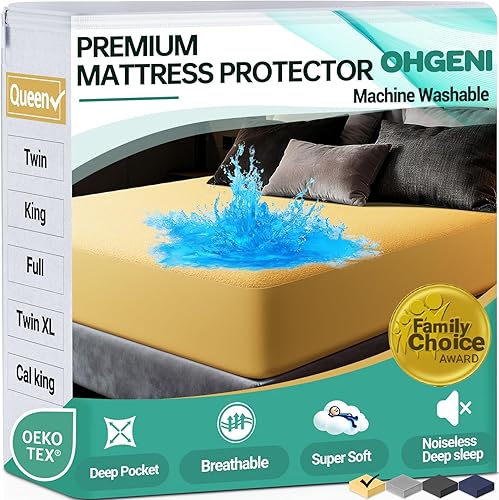 Miniatura 20 de OhGeni Protector de colchón 100% impermeable, tamaño King gris, sábana ajustada con bolsillos profundos, 6"-18", material suave transpirable y sin