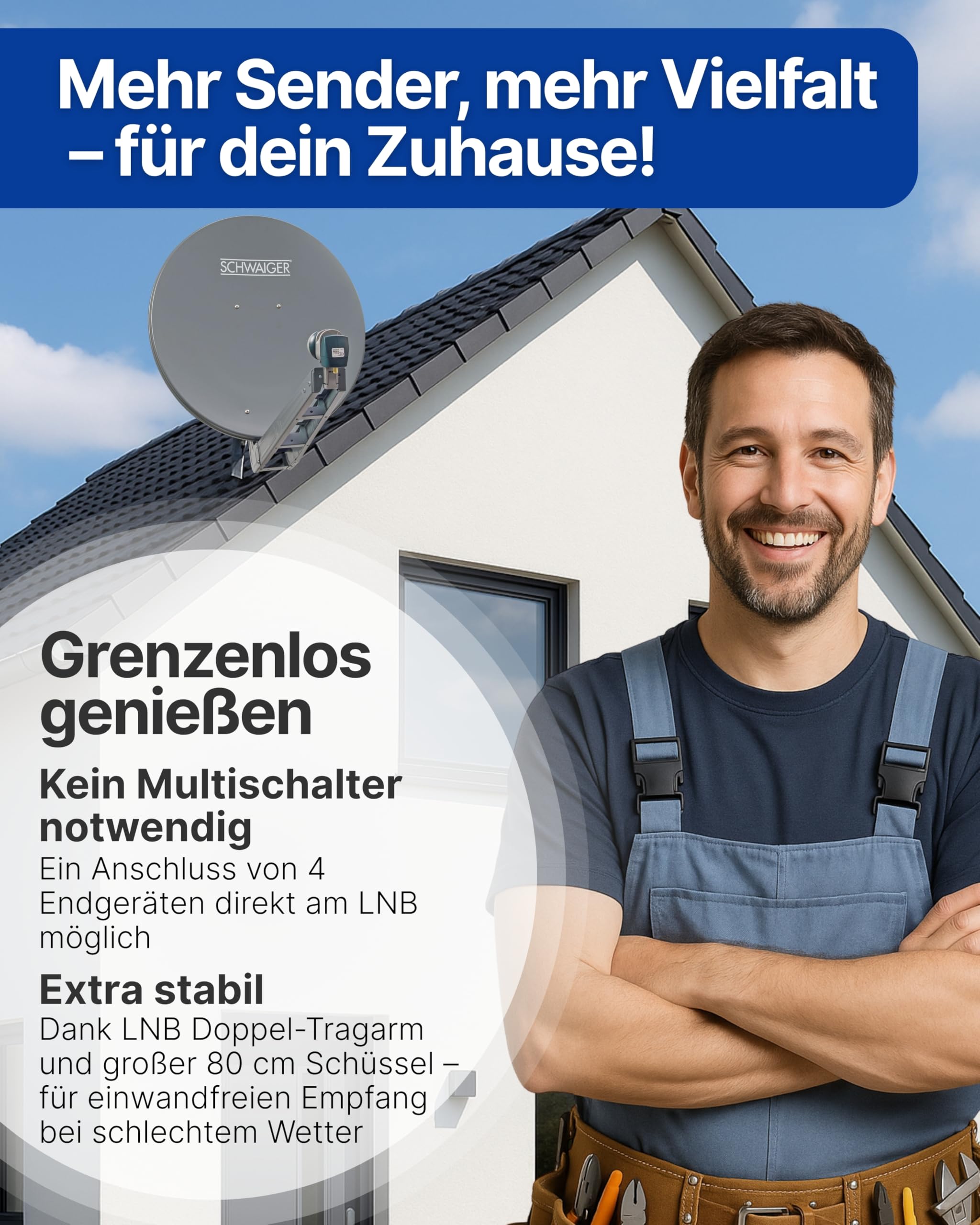 SCHWAIGER Satellitenschüssel Komplettset 80 cm Aluminium Offset Antenne Anthrazit Quad LNB 4-Fach Digital HD 4K Empfang wetterfest