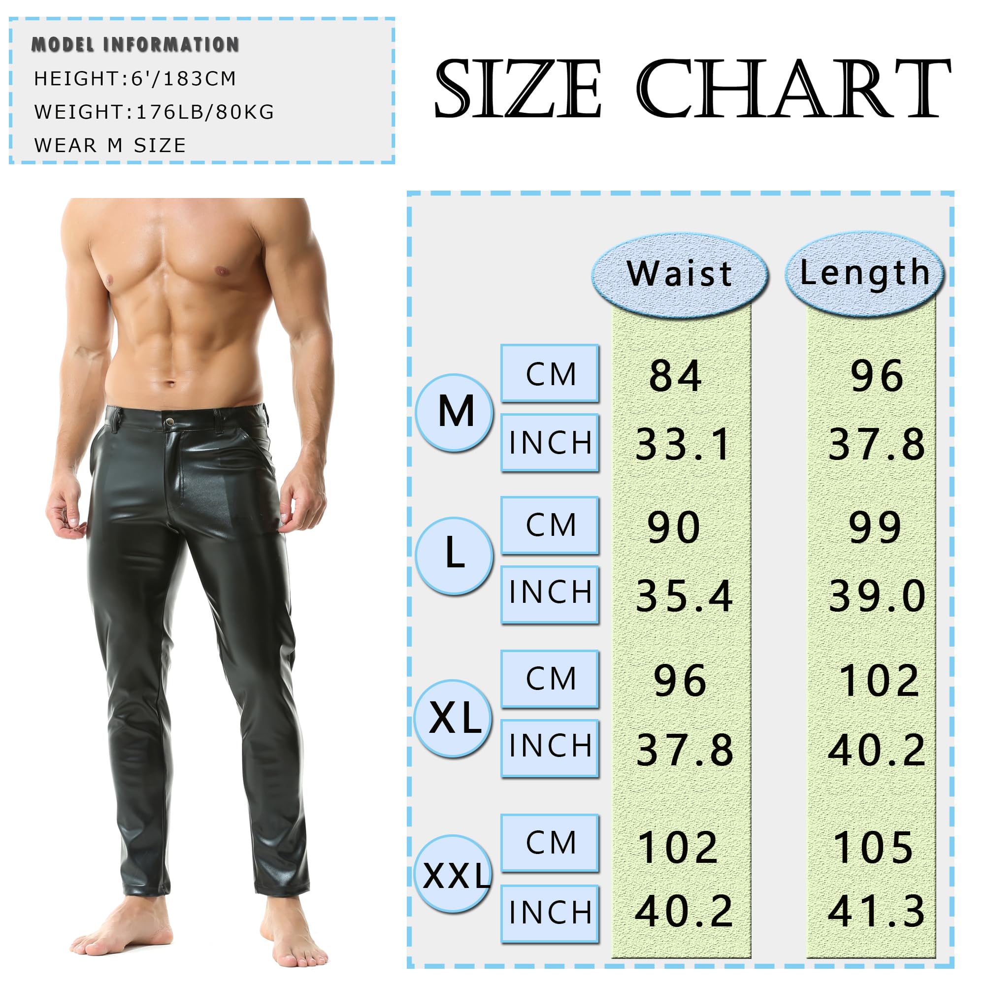 YUFEIDA Pantaloni da uomo in pelle classica effetto bagnato solido pantaloni in pelle PU tasche con cerniera slim fit pantaloni a matita caldi pantaloni legging per moto, cosplay, danza, palcoscenico
