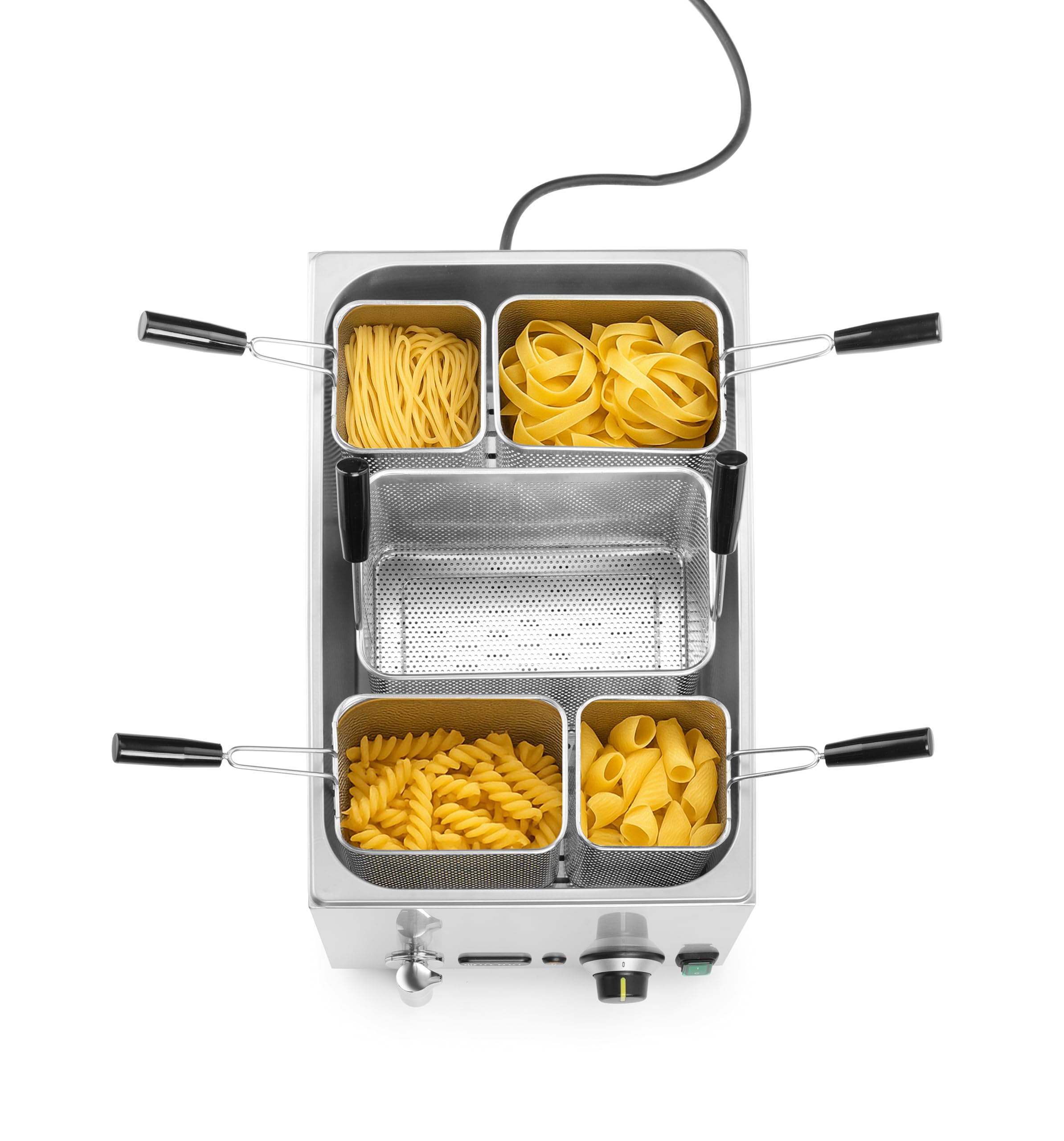HENDI Cuocipasta Professionale 25 L con 5 Cestelli, Termostato 45–110°C, Rubinetto di Scarico con Blocco Meccanico, 230V/3500 W, 601x326x(H)279mm, Acciaio Inossidabile