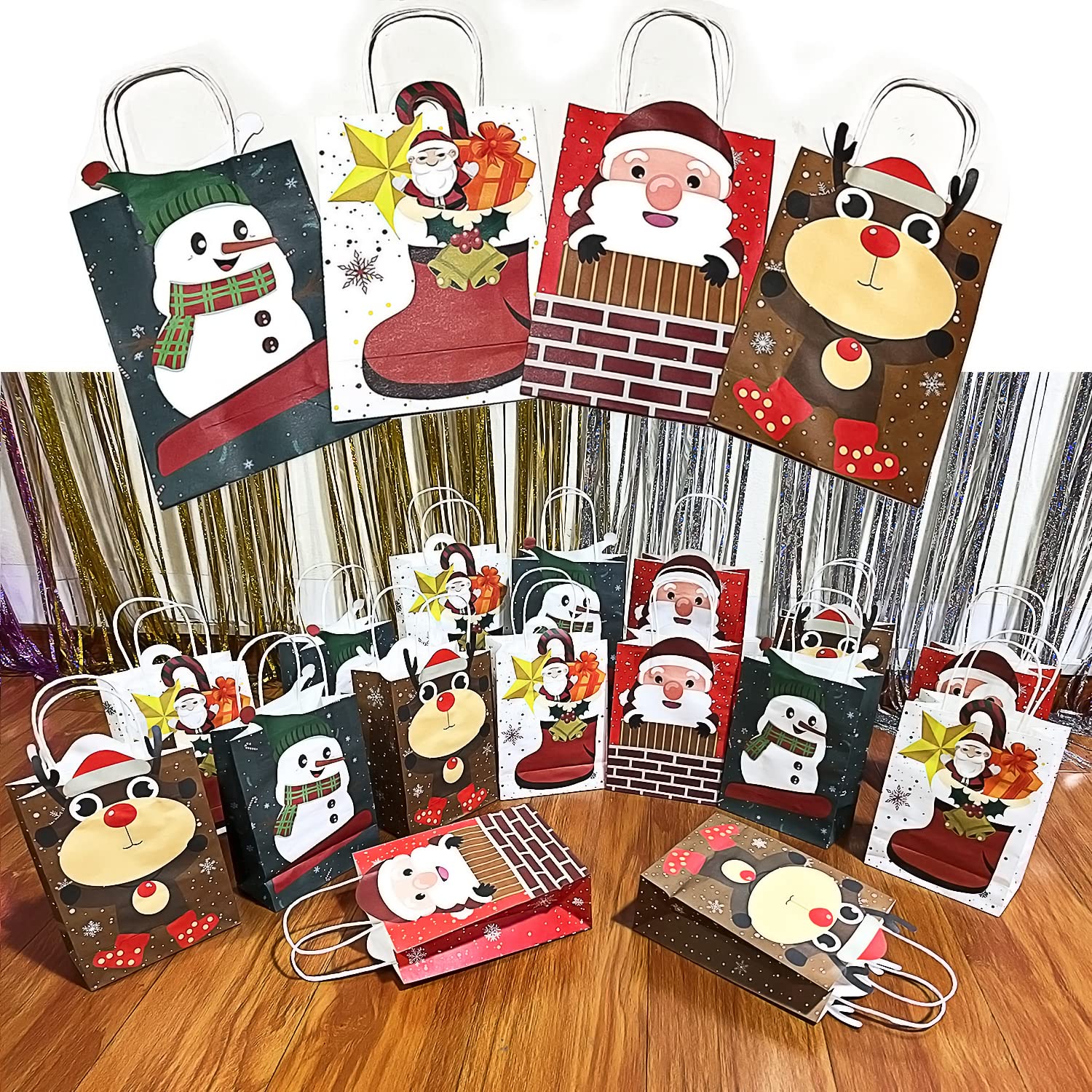 Lot de 24 sacs cadeaux de Noël en papier kraft, styles assortis avec poignées et imprimés pour emballage cadeau de Noël et fournitures de fête