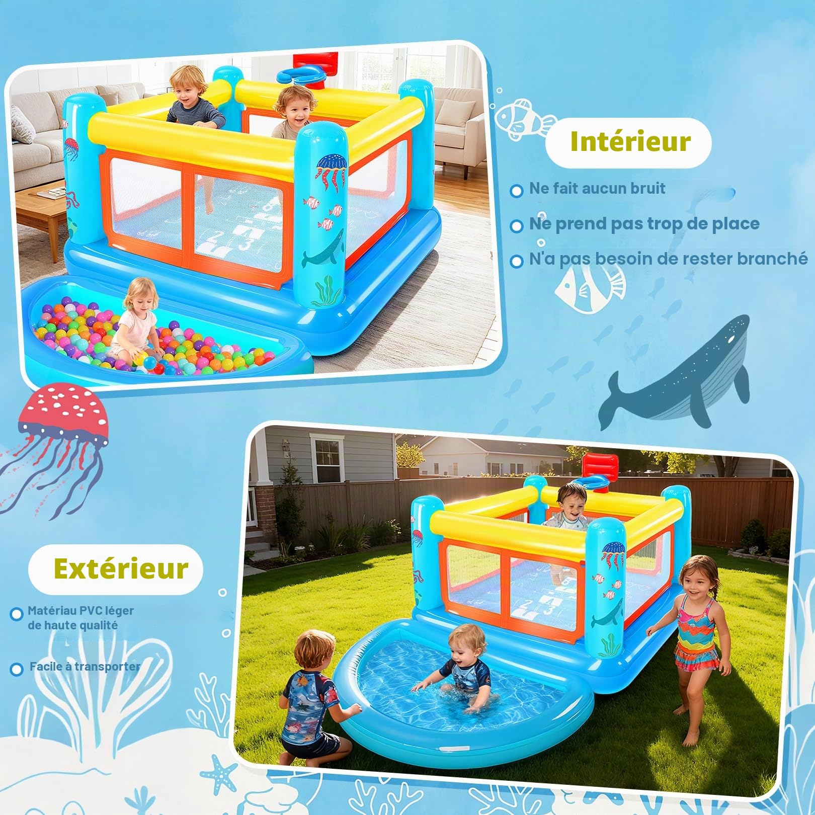 Château Gonflable pour Enfants de 3 à 6 Ans - Petite Maison de Jeu Gonflable en PVC avec Coussin rebondissant, Piscine à balles Amovible, Panier de Basket et Jeu rebondissant, Pompe à air Incluse