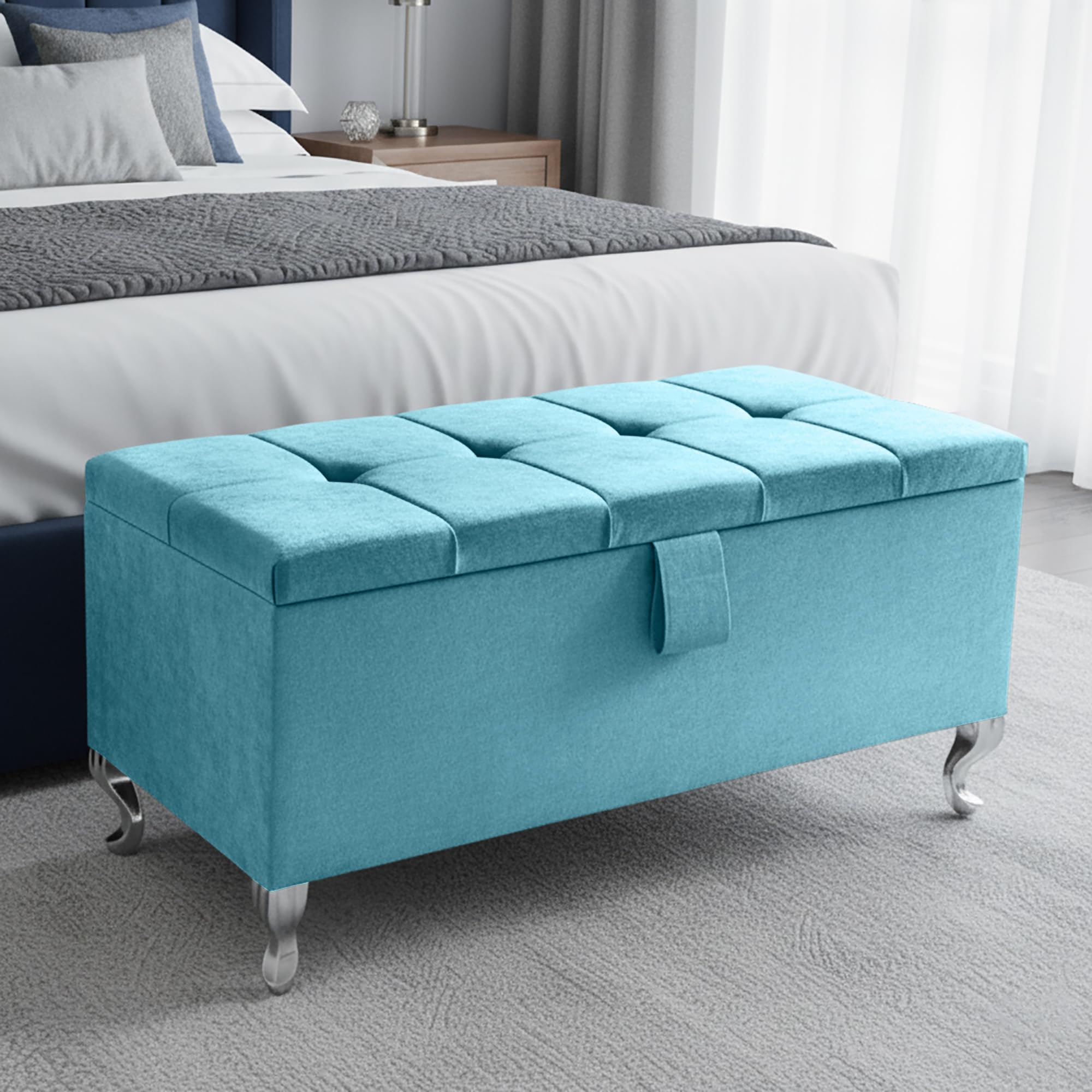 Aiza's Ottoman Storage Box - Large Cube Style Engineered Wood Luxurious Plush Velvet Ottoman Storage Bench - (Teal Plush, Legs)