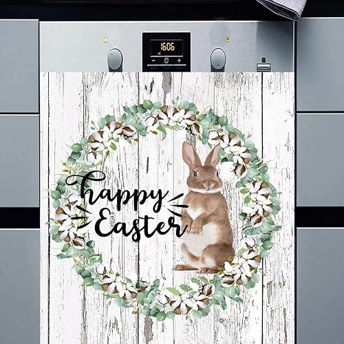 Cubierta de imán para lavavajillas con diseño de corona de flores de algodón diseño de conejo de Pascua feliz para lavavajillas en la parte