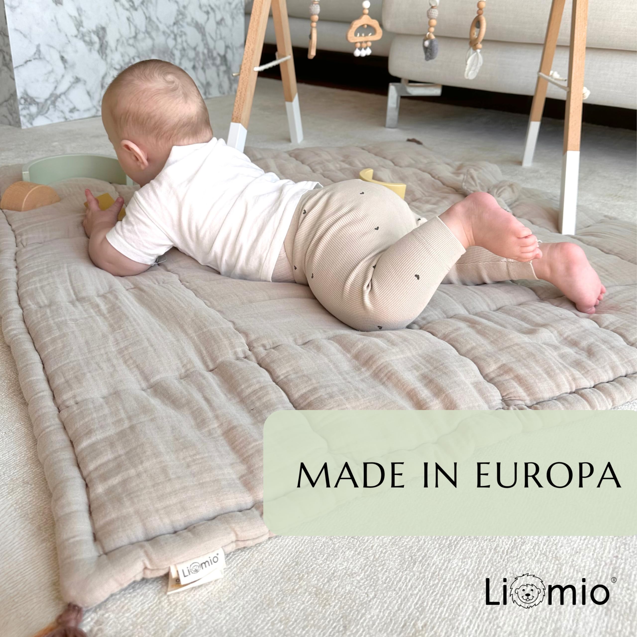Krabbeldecke für Baby 120x120 cm gepolstert [Made in EU] Baby Krabbeldecke 100% Baumwolle Musselin [Oeko-TEX®100] weich & kuschelig auch als Babydecke, Spieldecke (Beige - 120x120cm)