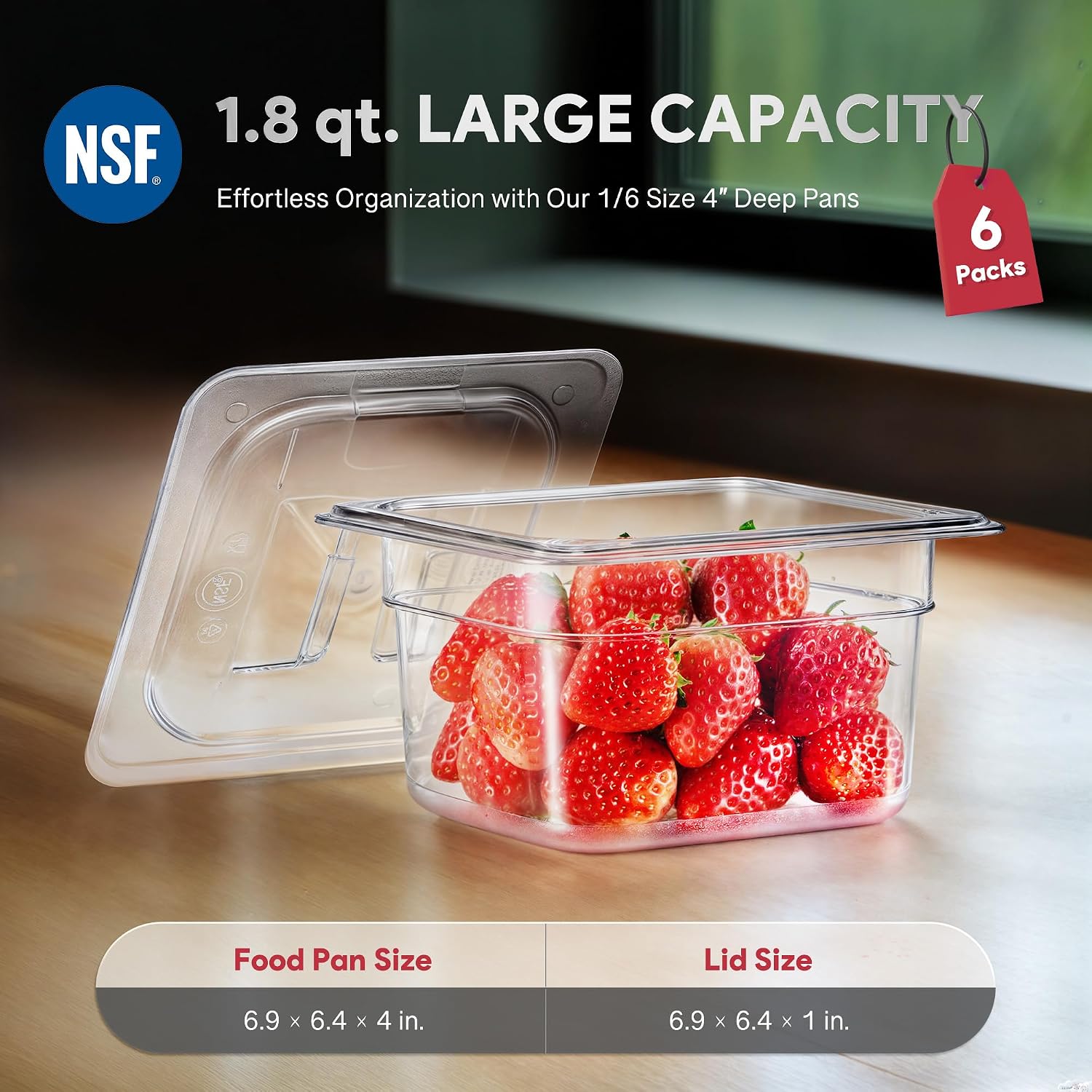 Wilprep 6 Pack Plastic Food Pans with Lids NSF Listed, 1/6 Size 4 in Deep Clear Food Storage Containers, 1.8 qt Stackable Polycarbonate Commercial Hotel for Fruits Vegetables Beans Corns