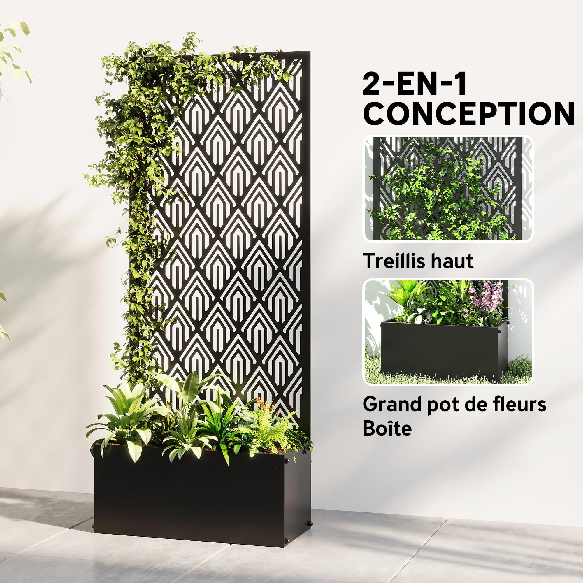 Outsunny Jardinière avec Treillis, bac à Fleurs, lit surélevé avec Brise-Vue, à Motif géométrique, pour Plantes grimpantes, légumes, Fleurs, métal, intérieur et extérieur, 45x21,5x110cm, Noir
