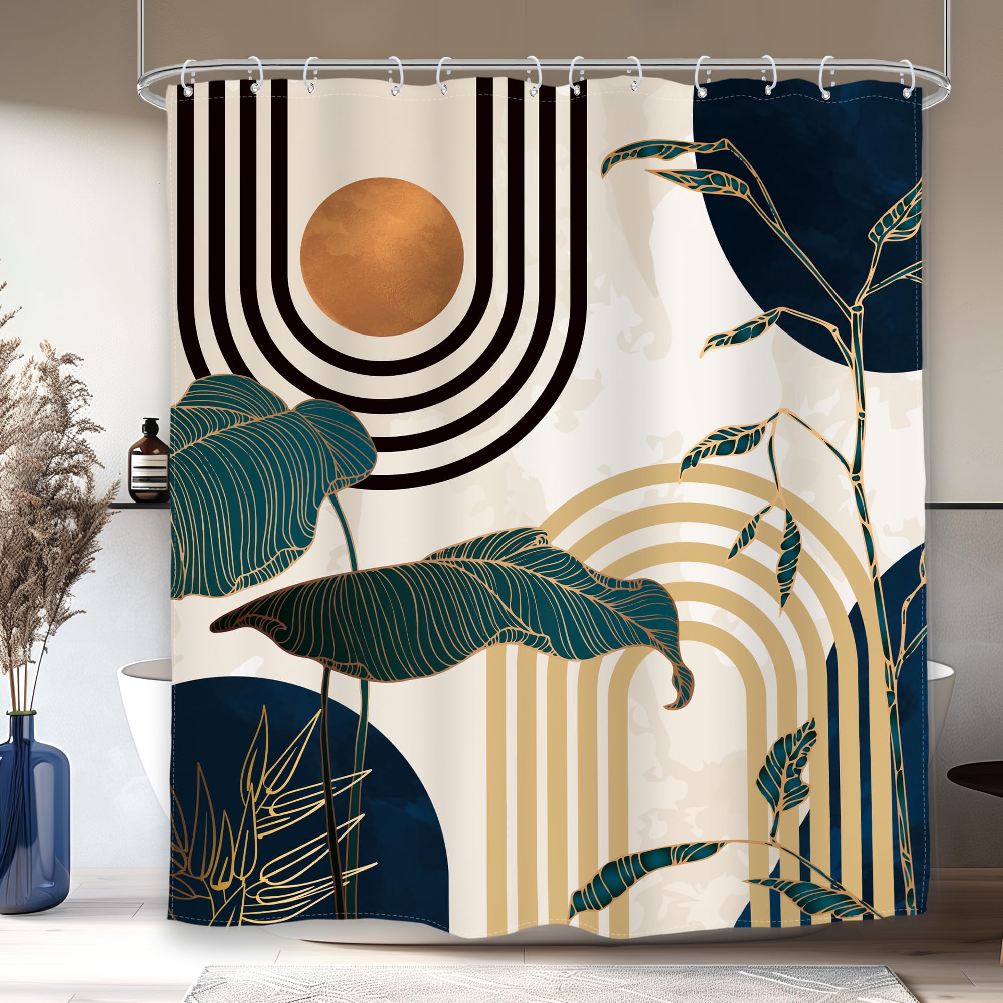Glawry Blue Abstract Mid Century Shower Curtain Boho Retro Tropical Palm Tree Sun Arch Modern Bathroom Aesthetic Geometric 60Wx72L Inches Bath Accessories Art Home Decor Fabric 12 Pack Hooks