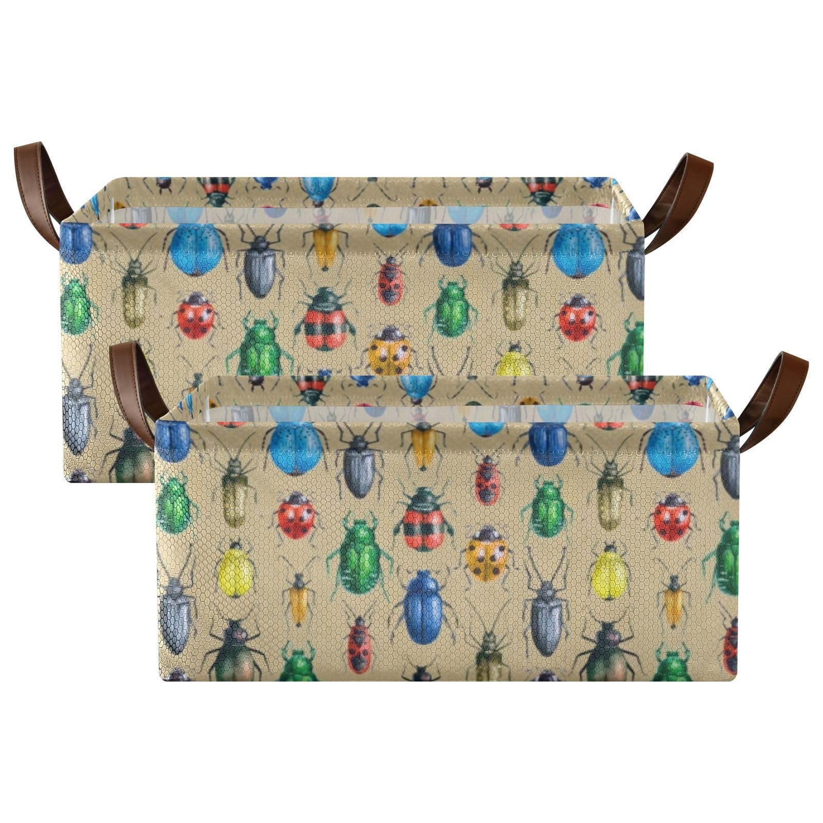 Fygkptb Vintage Retro Style Multicolor Beetles on Brown 2 PC Rectangle Foldable Frame Basket Leather Handles Storage Bin for Laundry Bathroom Organizer 16.9 x 11.4 x 7.7 inch