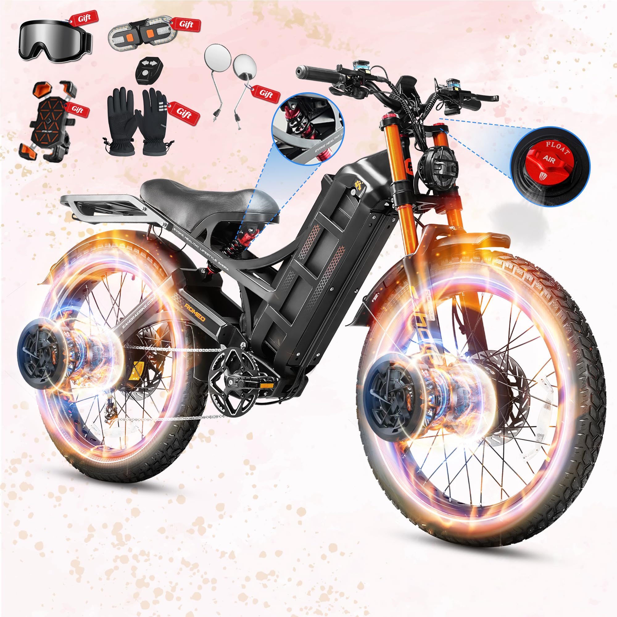 2026 Romeo Pro 3/2 50-46Mph Electric Bike for Adults 5600W/4000W/2500W Dual Motor Ebike 60V/80Ah 52V/70Ah Long Range Fat Tire Full Suspension Electric Mountain Bicycle