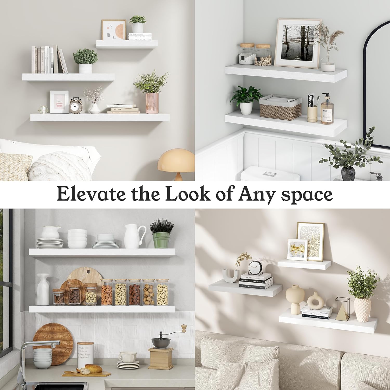 Floating Shelves for Wall, 7.9" Deep Wall Mounted Wood Shelves for Bathroom, Bedroom, Living Room, Kitchen, Hanging Shelf for Books/Storage/Room Decor (White, 16")