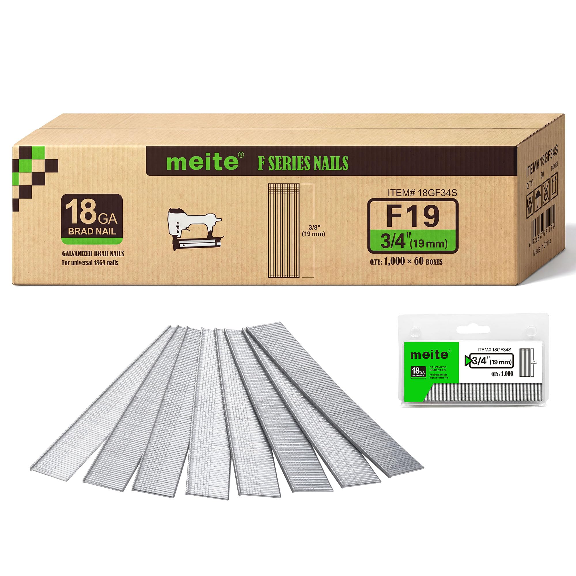 meite 18 Gauge Brad Nails 19 mm, Galvanised Brad Nails, 60,000 Counts