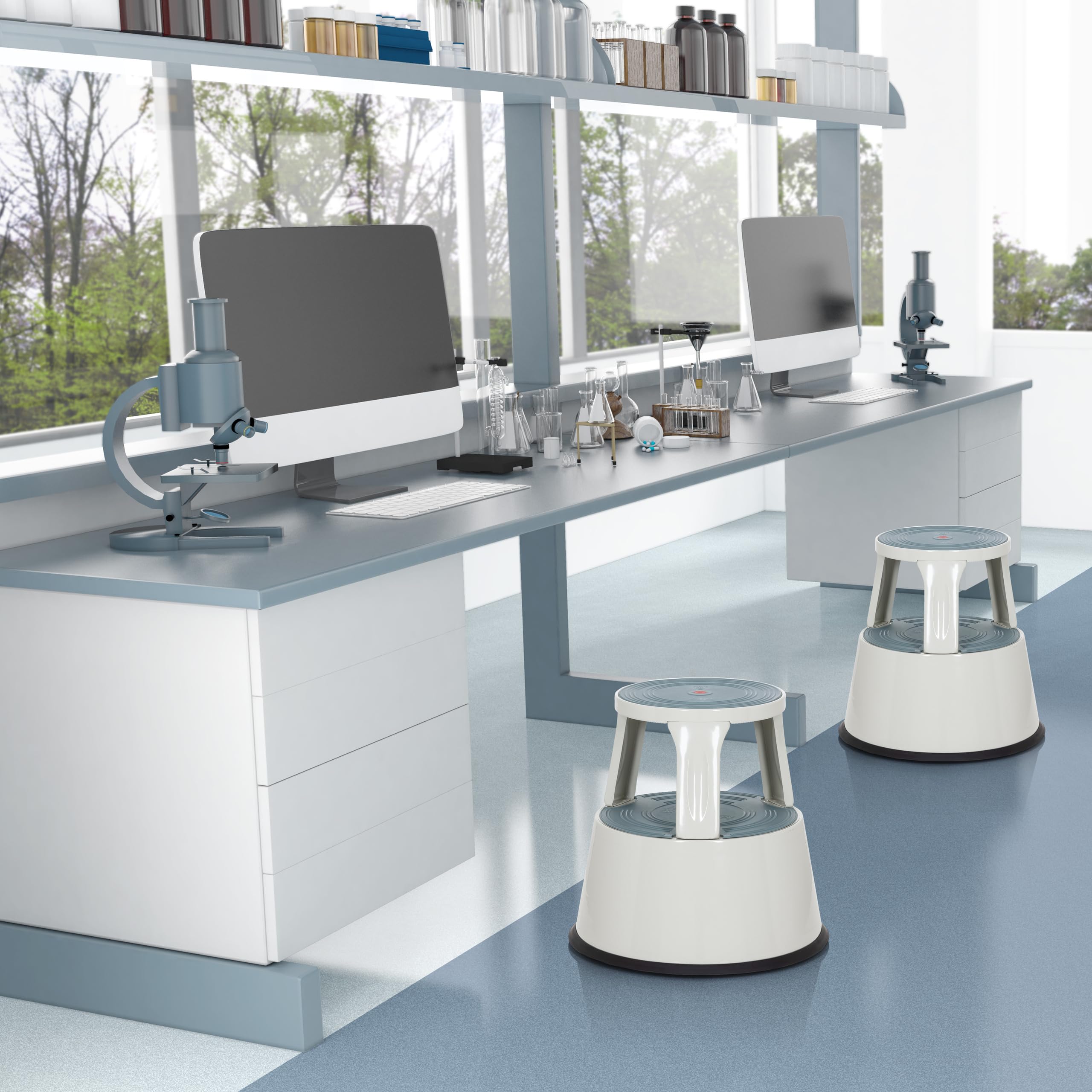 hjh OFFICE 830008 Taburete con Ruedas TIO-M II Metal Gris Claro, Altura 43 cm, soporta hasta 150 kg, Taburete rodante con 2 peldaños