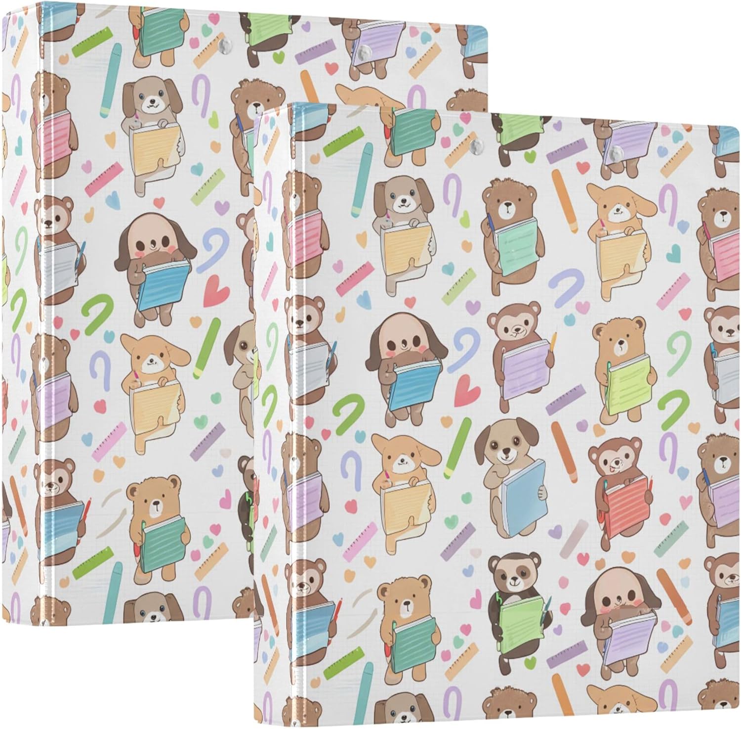Cute Animals and Books 3 Ring Binders, 1.5” Round Ring Binders with Clipboard - Letter Size, 3 Interior PVC Clear Pockets & Anti-Slip Clip for Office School Supplies, 2PCS