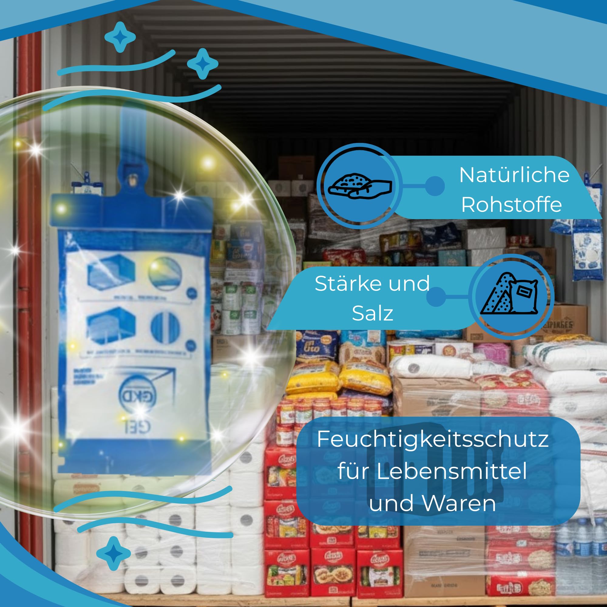 GK Hook 625 Gramm. Container Trockenmittel für Seetransport. Trockenbeutel mit Trocknungsgranulat. Wasserabsorber mit Trockensalz. Trockenmittel Transport