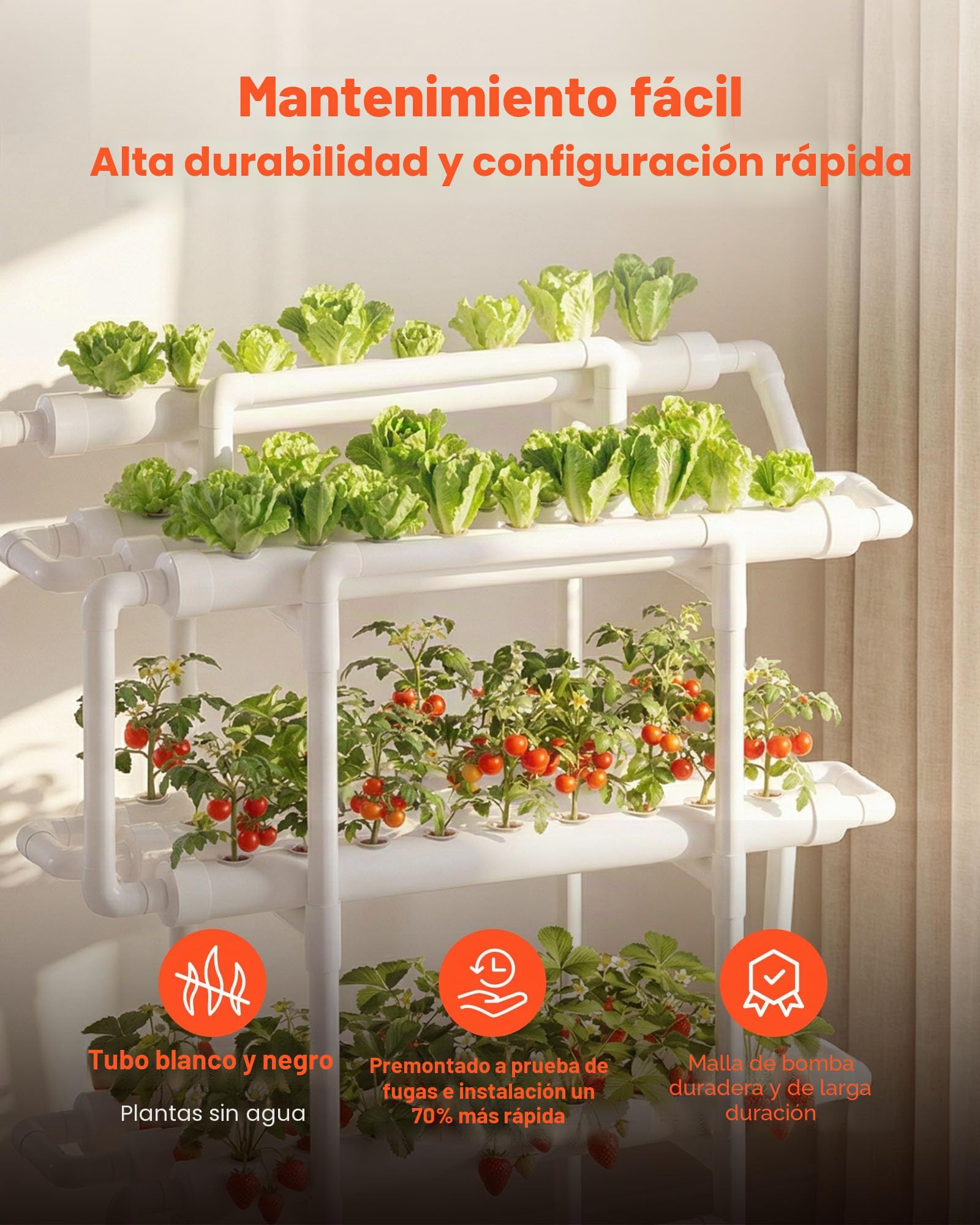 VEVOR Juego de Sistema de Cultivo Hidropónico 3 Niveles y 90 Sitios, con Riego Programado, Tuberías Que Bloquean Luz y Sol, Kit de Cultivo para Hortalizas, Frutas, Hierbas sin Tierra en Interiores