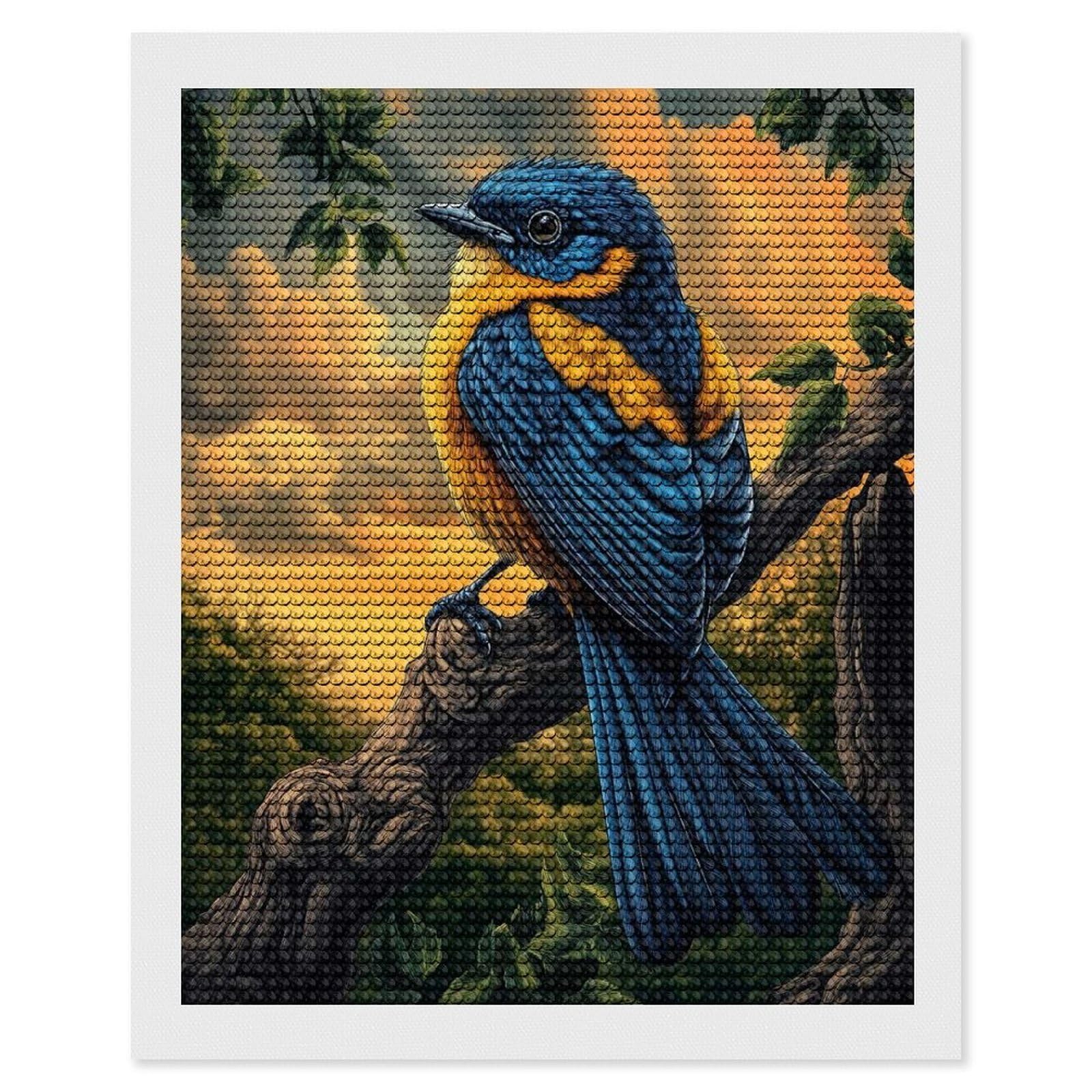 Junmoney Blue and Yellow Bird on Branch Diamond Painting Canvas Kit 16"x20", Leisure Activity, Aesthetic Room Decor, with Tool Kit, DIY, Gift