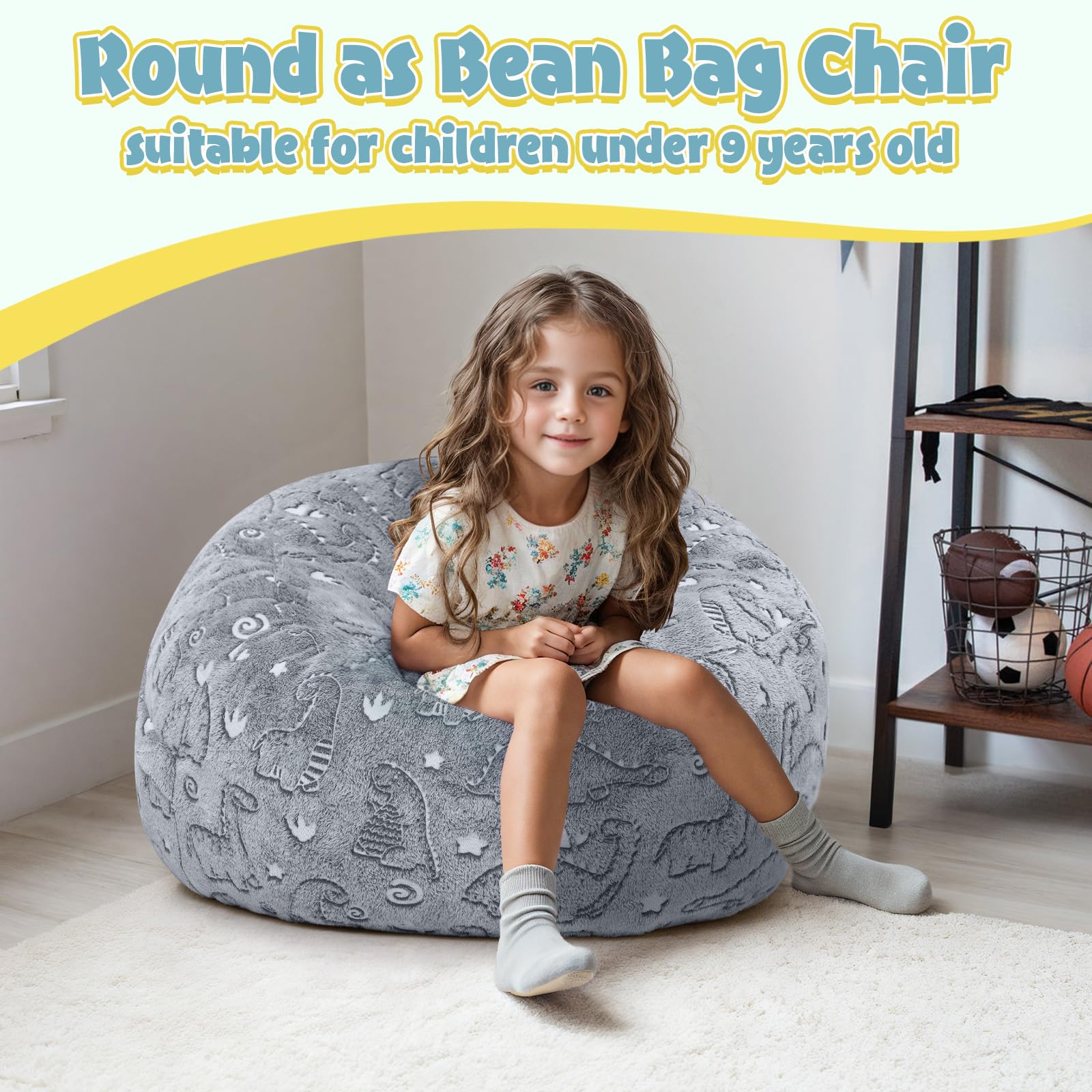 Kids Bean Bag Chair Turn into Beanbag Bed, Dinosaur Toddler Bean Chair for Girl Boy Sleeping, Lazy Children Bean Bags with Filler, Convertible Child Floor Mattress, Grey Dino