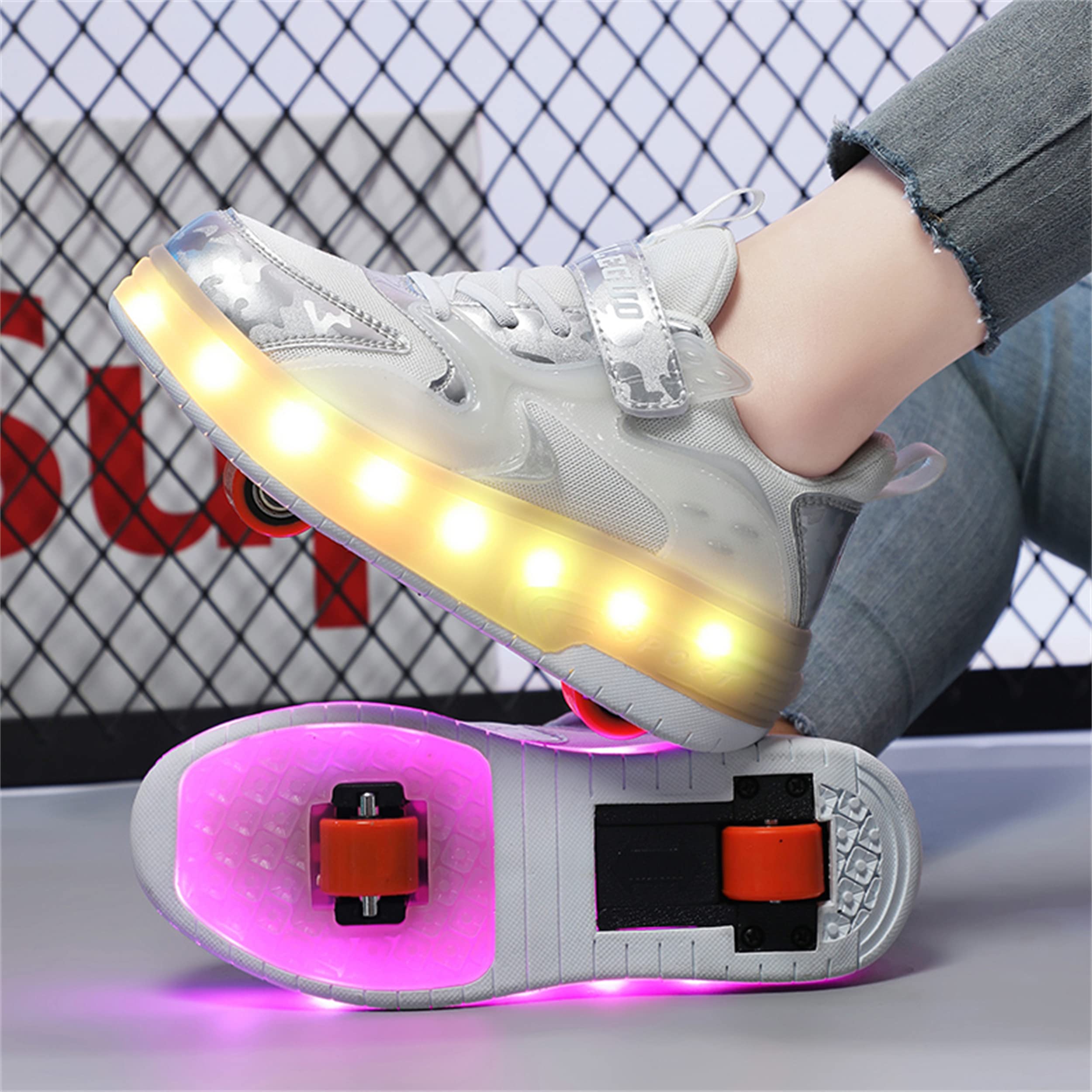 Zapatillas con Ruedas para niñas y niños, Zapatillas de Skateboard con Dos Ruedas y Luces LED, luz Ajustable con Cambio de Color, Carga USB, universales para Chicos y Chicas