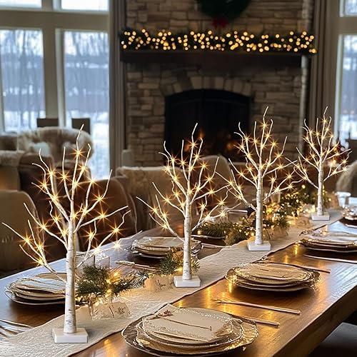 PABIPABI Árbol de abedul iluminado con luces LED, decoraciones de Navidad, pequeñas luces artificiales de árbol bonsái con temporizador, árboles de
