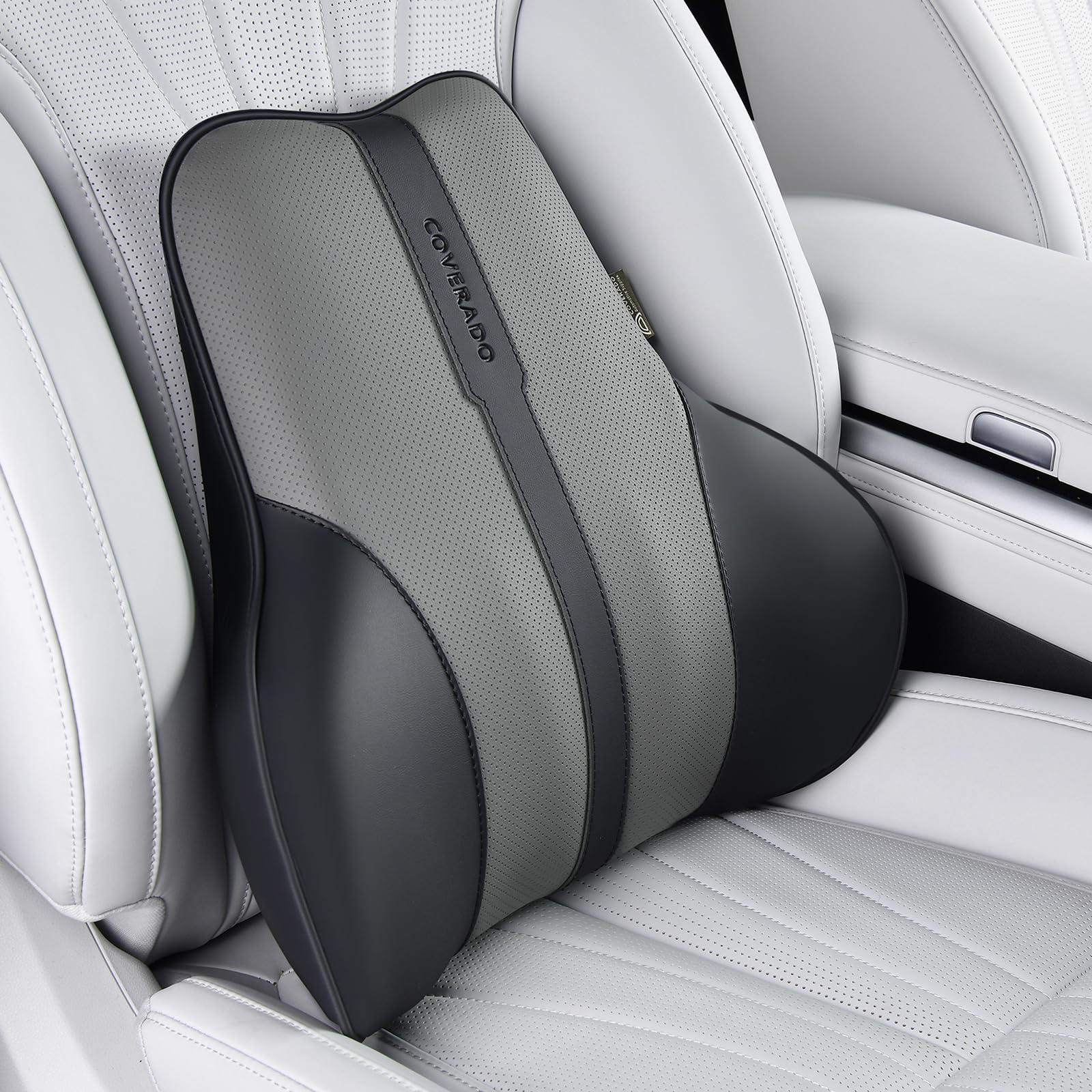 Coverado Lumbar Support Pillow for Car, Ergonomic Memory Foam Back Pillow for Office Chair, Back Cushion for Back Pain Relief, PU Leather Car Lumbar Support for Driving Seat - Black&amp;Gray