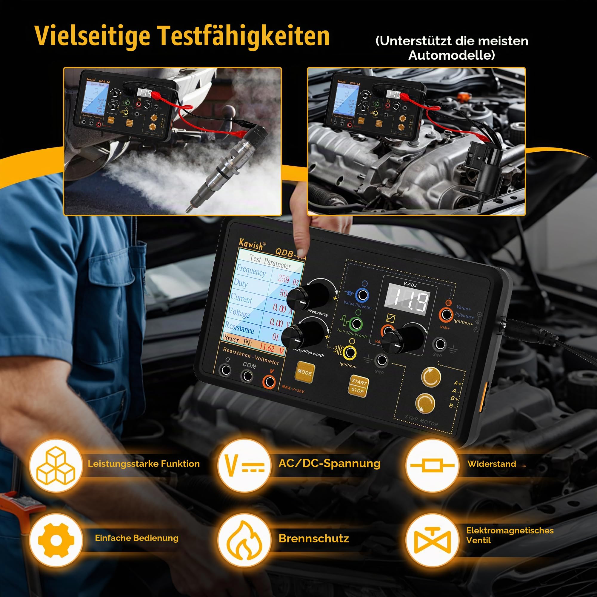 QDB-4A Zündspulen-Tester, Automobil-Aktuator-Detektor(PWM), Diagnosegerät für Einspritzventile, Magnetventile, Leerlaufschrittmotoren und Harnstoffpumpen