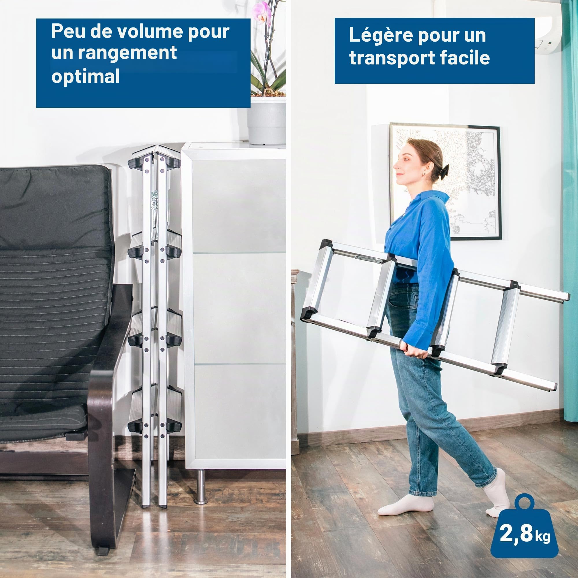 HOSTRÖM Escabeau Marche Pied 4 marches HOMILIX4, Petit escabeau Pliable, Aluminium, Design Compact et Robuste, H Max Travail 2,59m, 5 Ans Garantie