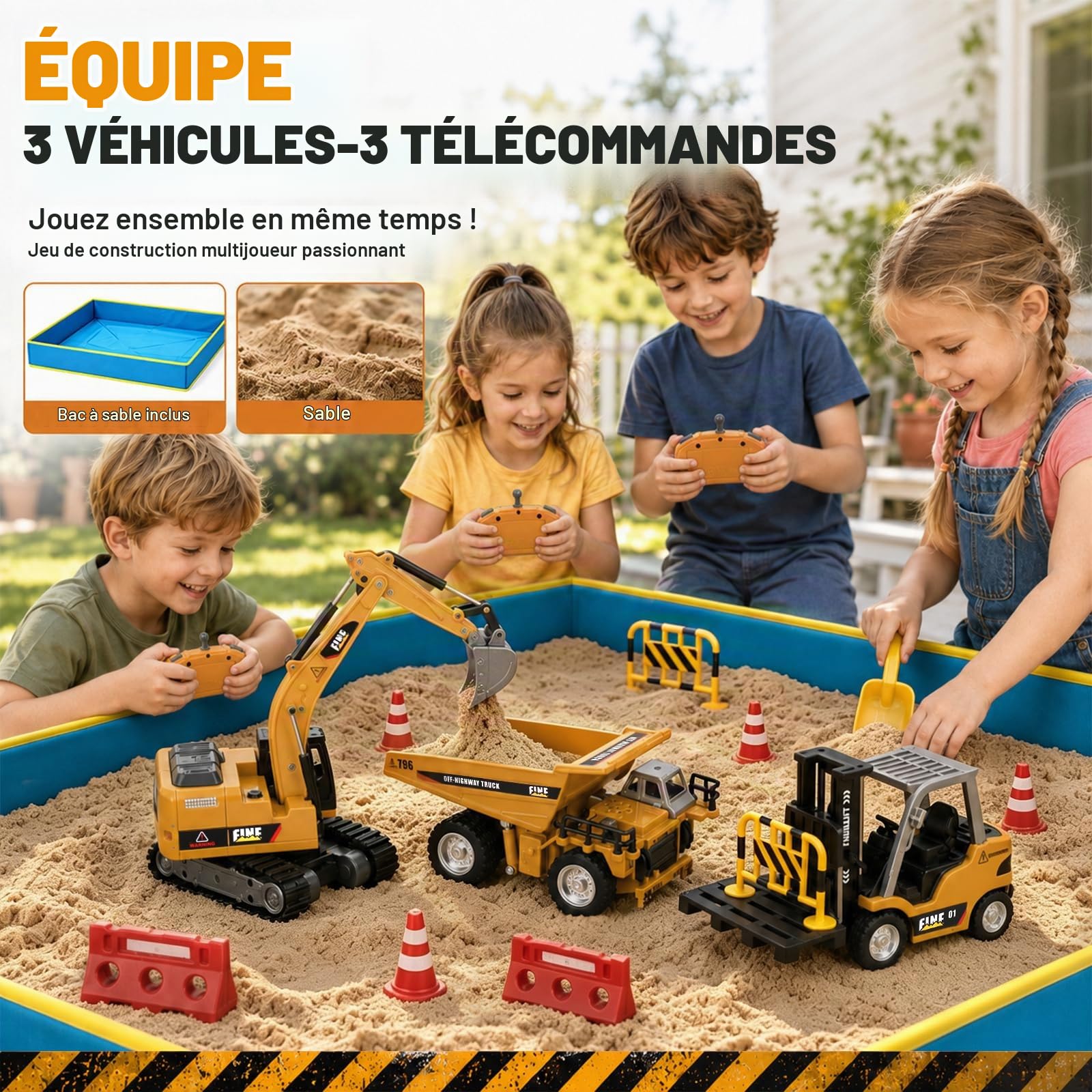 YESHIN Ensemble de véhicules de chantier RC 3 en 1, 1:64 Chariot élévateur télécommandé, pelle & camion benne basculante avec bac à sable & sable de jeu, 2,4GHz jouet de chantier télécommandé pour