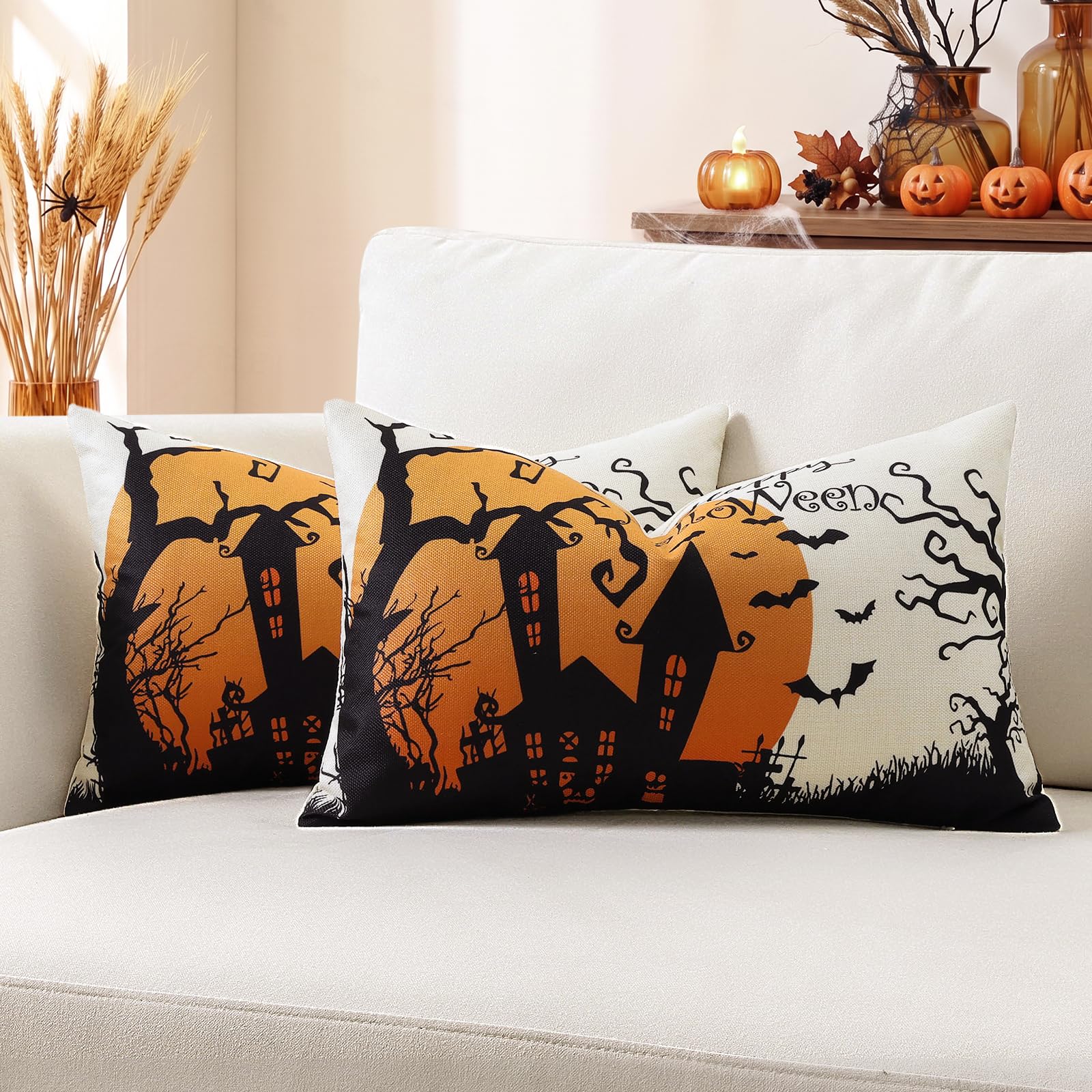 Artscope Halloween Cushion Covers 40x60cm, Set of 2 Autumn Pillowcases Halloween Pillow Covers for Sofa Living Room Holiday Party Fall Decor Haunted House