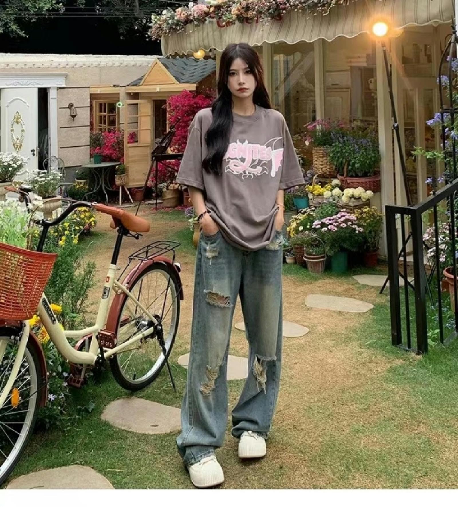 Amerikanischen Retro Vibe Stile Zerrissene Jeans Frauen Herbst Hohe Taille Gerade Lose High Street Breite Bein Demin Hosen Y2K Streetwear