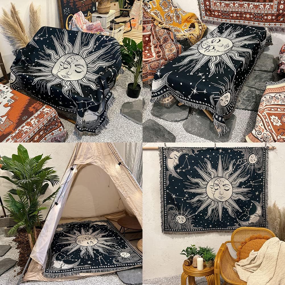 Sun Moon God Throw Woven Blanket with Tassel for Home Decoration Chair Couch Sofa Bed Beach Travel Picnic Cloth Tapestry Shawl Cozy Cotton (Dark Blue 63×51 Inches)