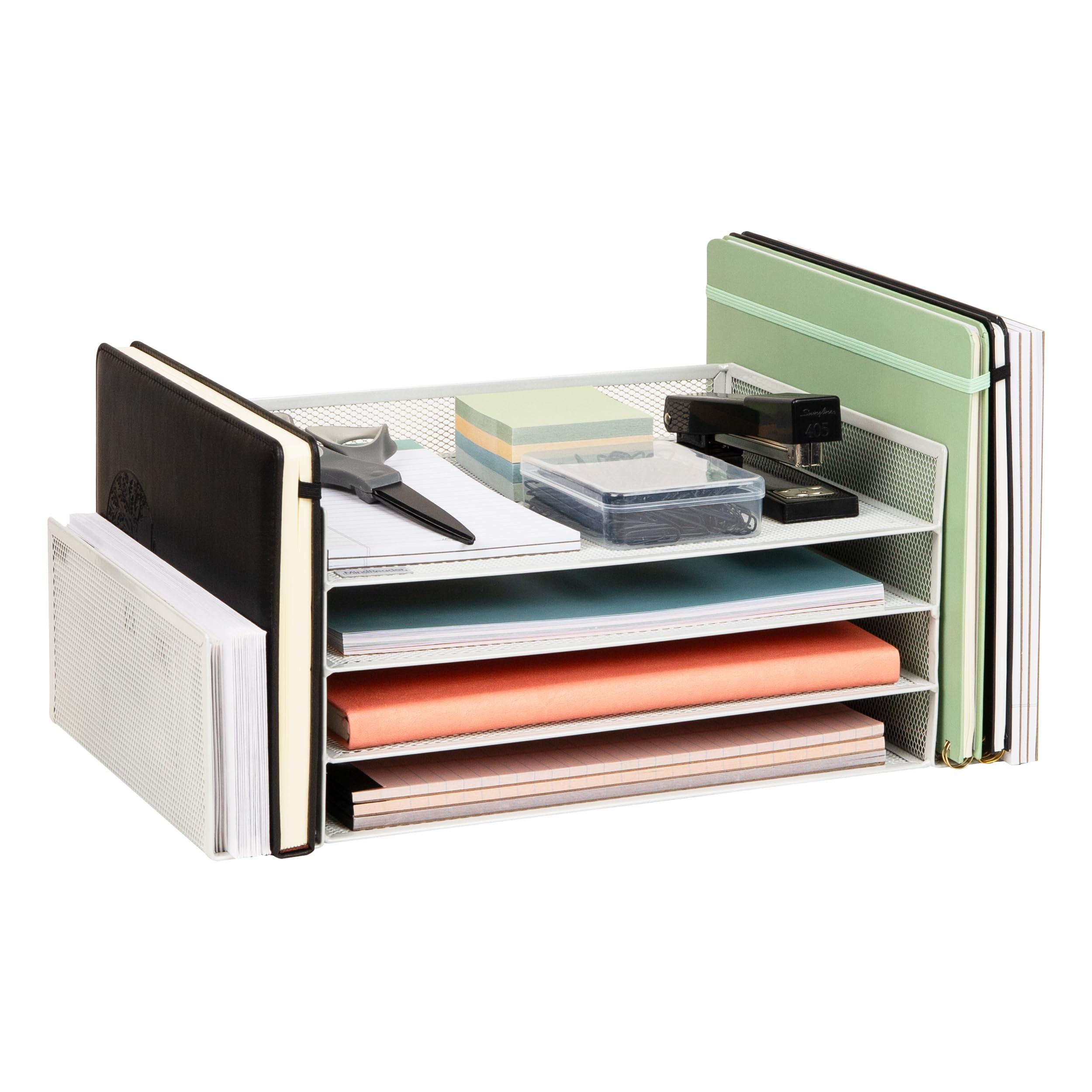 Mind Reader Desk Organizer with 6 Compartments [4 Trays and 2 Side File Holders ] For Pen, Pencil, Mail, Magazines and Office Accessories (White)